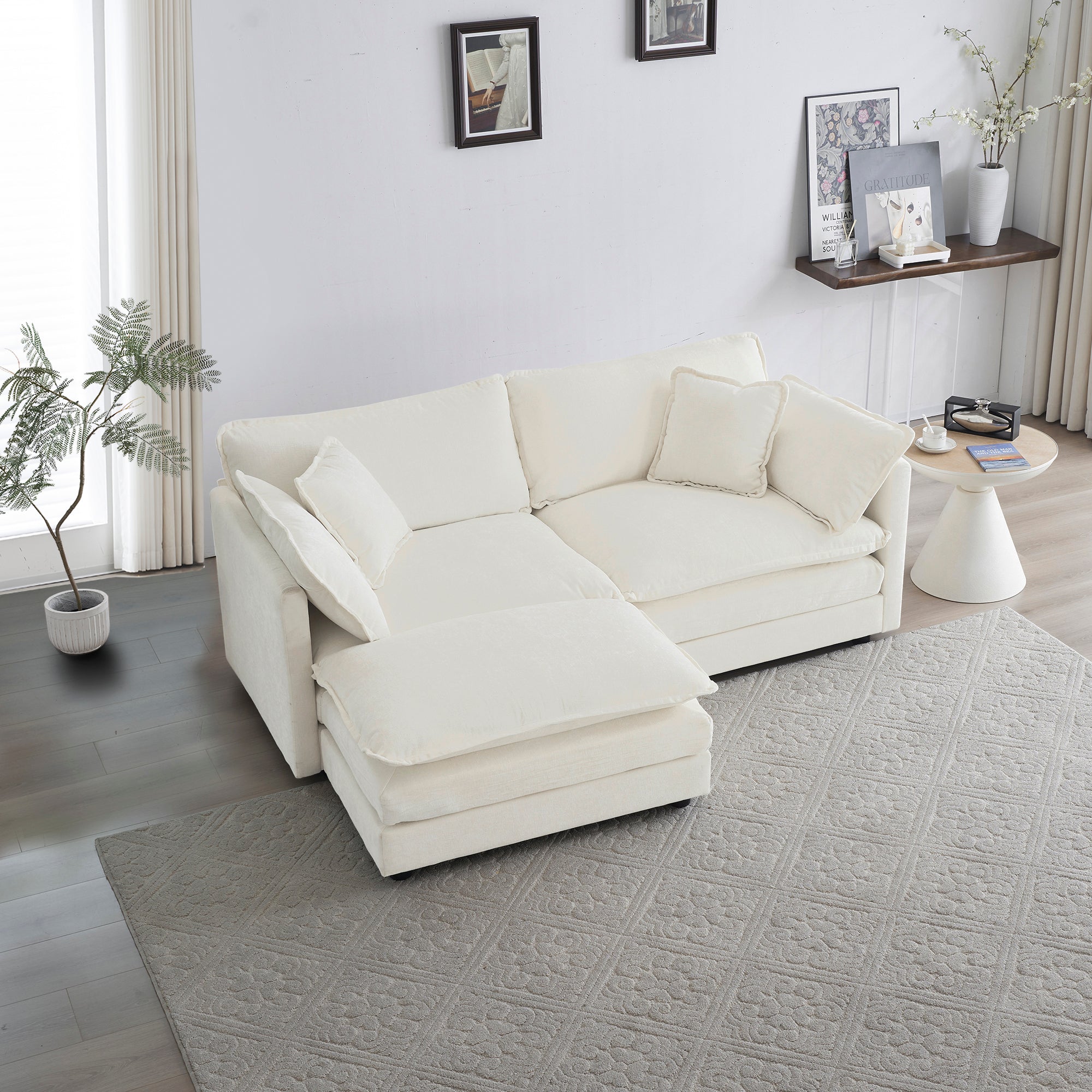 White Chenille 2-Seater Sofa w/ Ottoman | Small Space Loveseat