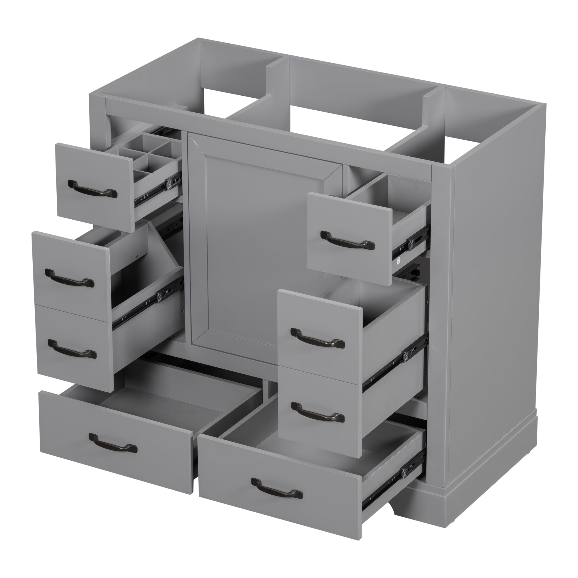 36" Grey Bathroom Vanity Base: 6 Drawers, Shelf