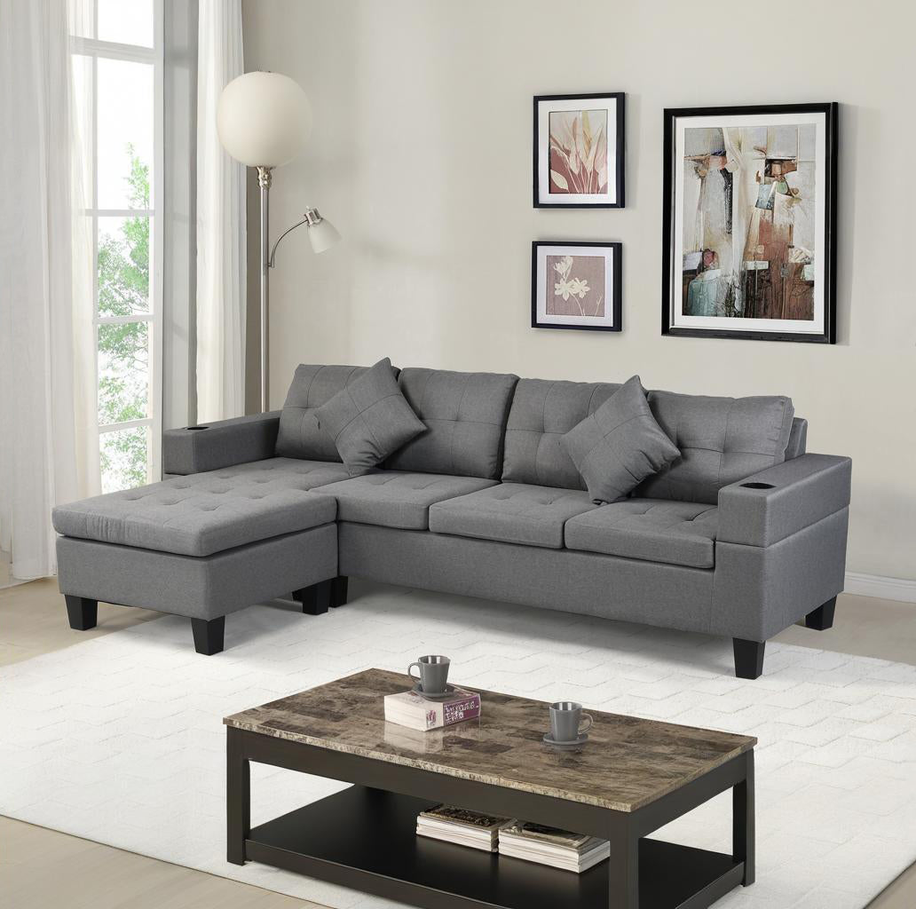 Grey Sectional Sofa: L-Shape, Cup Holders