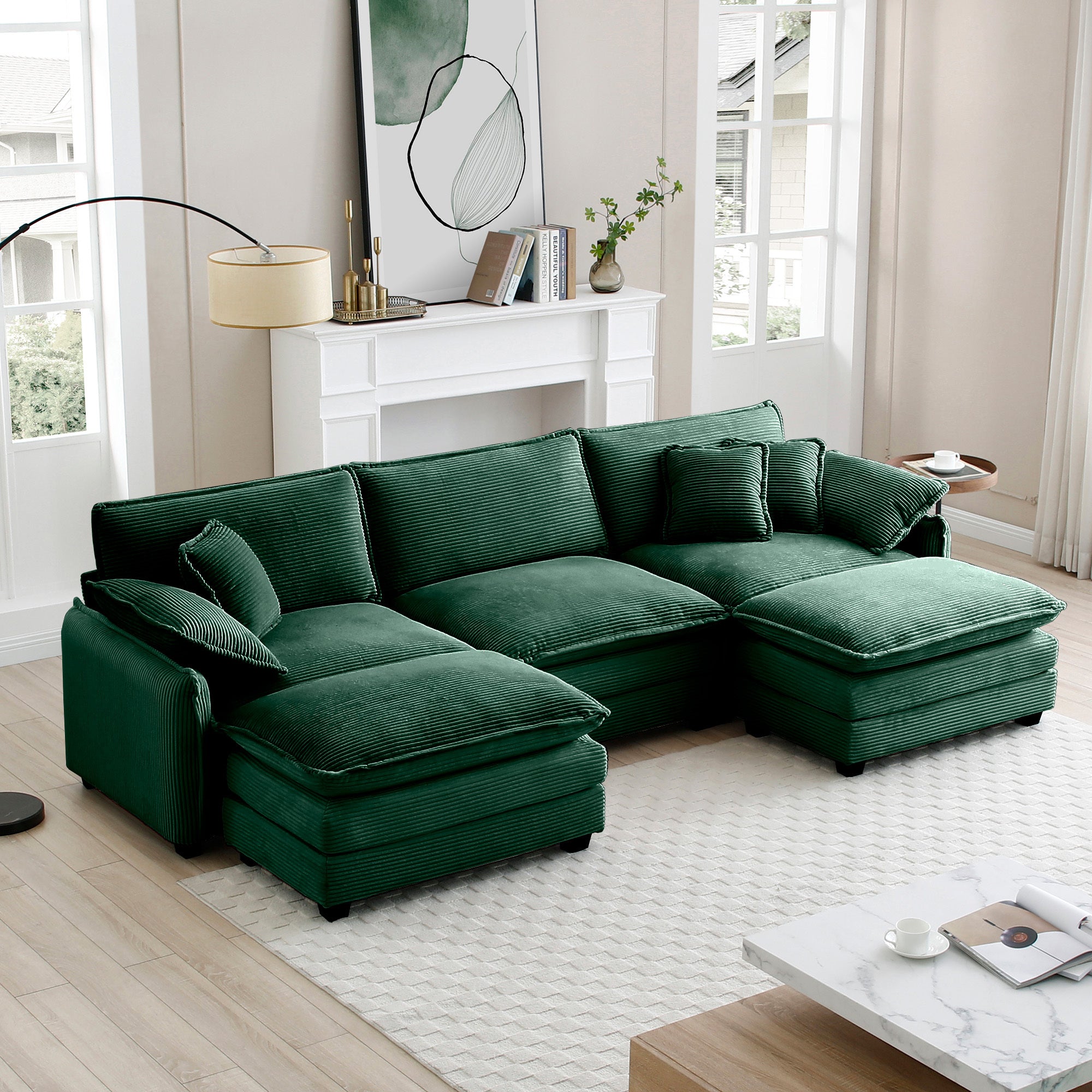 Oversized Modular Corduroy Sofa w/ Ottoman (Green)