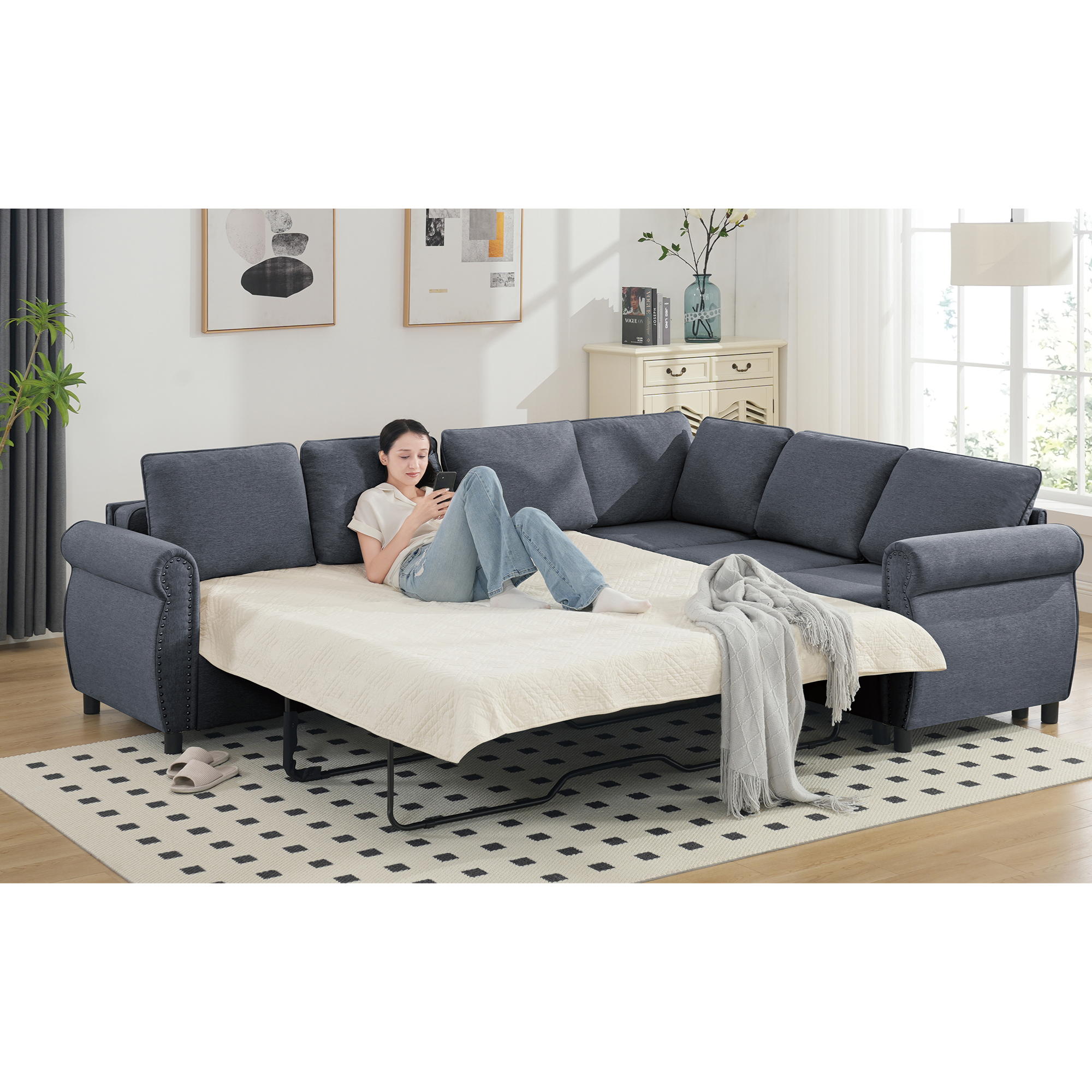104" Gray Sleeper Sofa | Pull-Out Couch Bed | Sectional