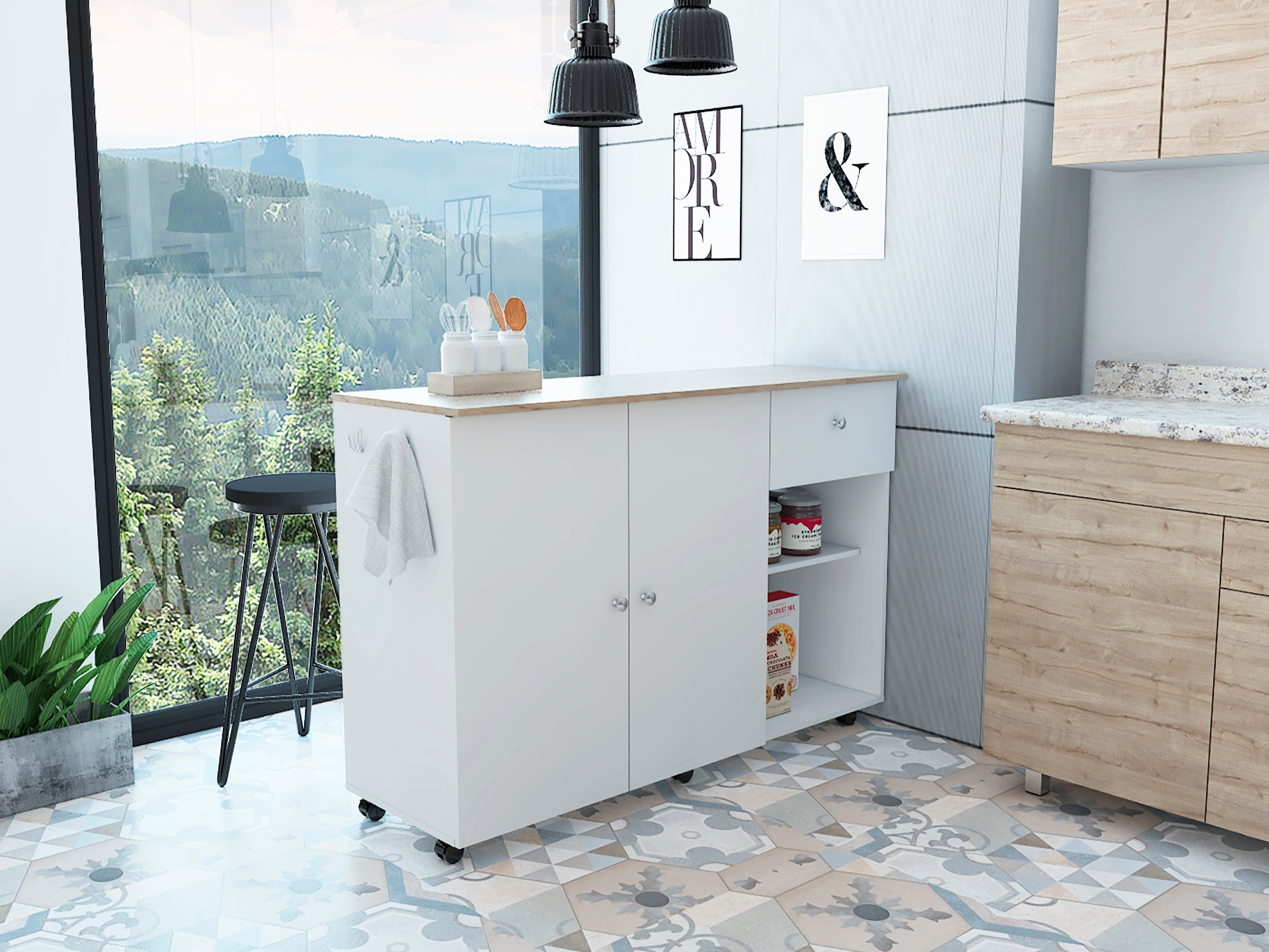 Victoria Kitchen Island Cart, White & Light Oak