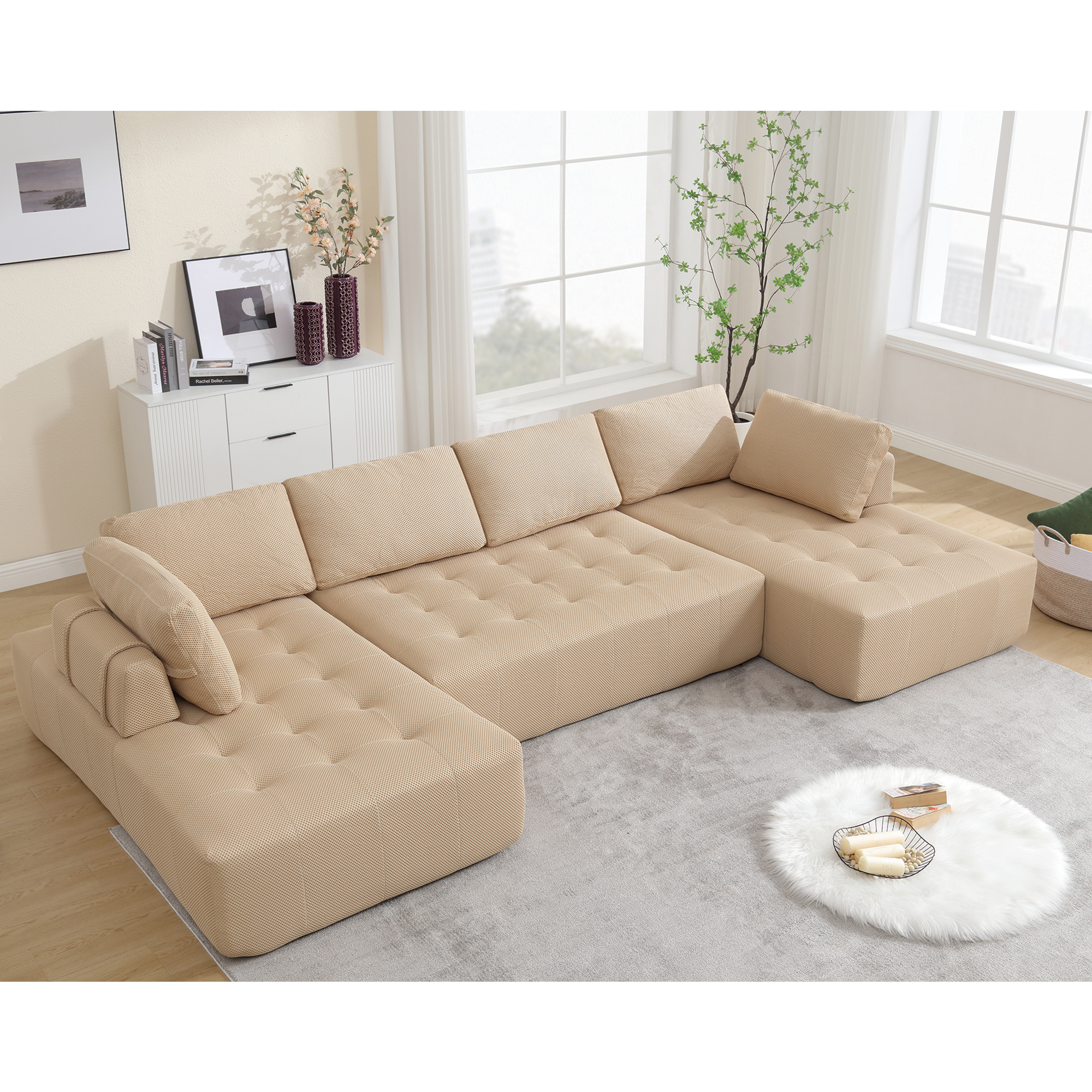 138.5" Modular U-Shaped Sofa: Khaki Mesh Fabric