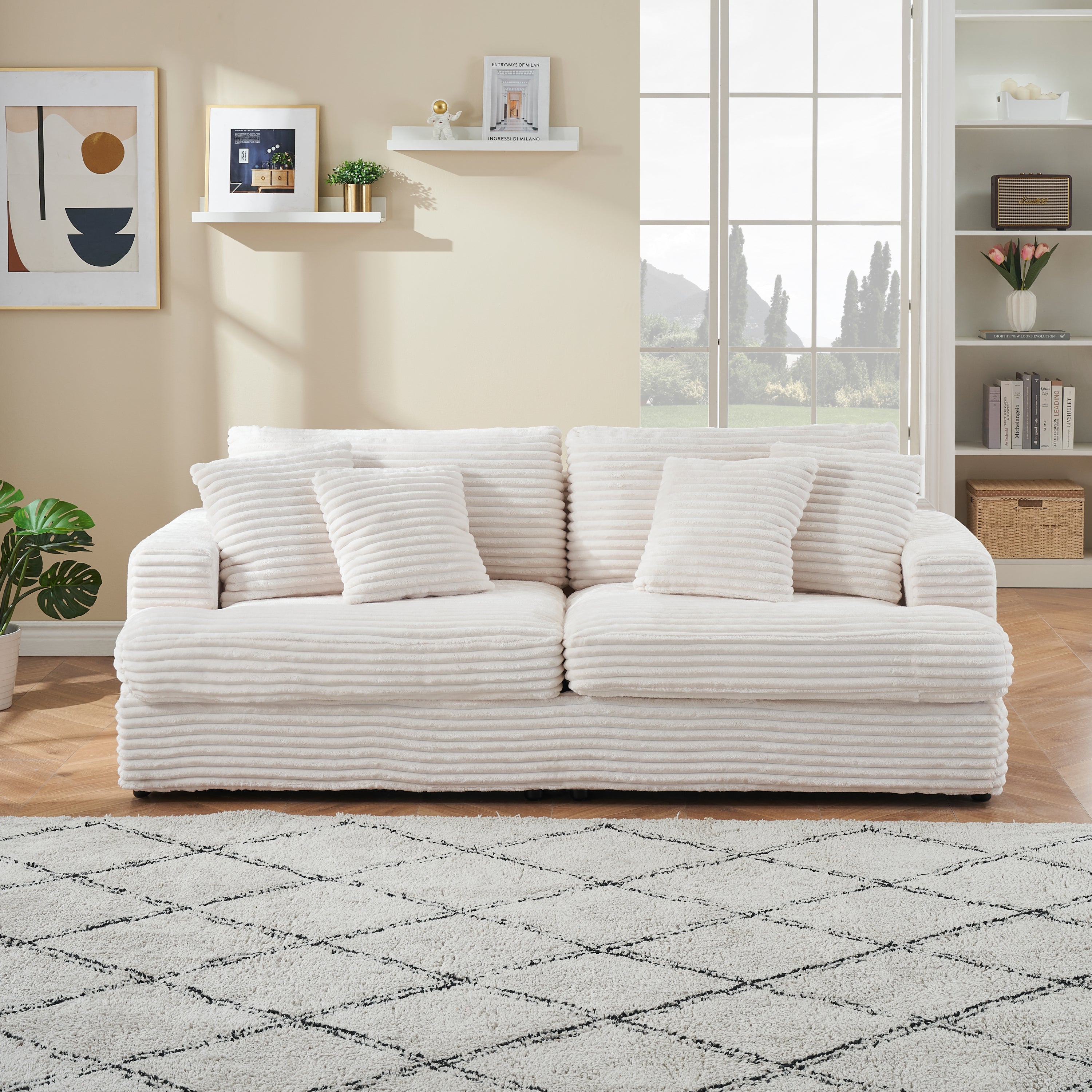 White Corduroy Sofa: 79.3" 3-Seater Couch