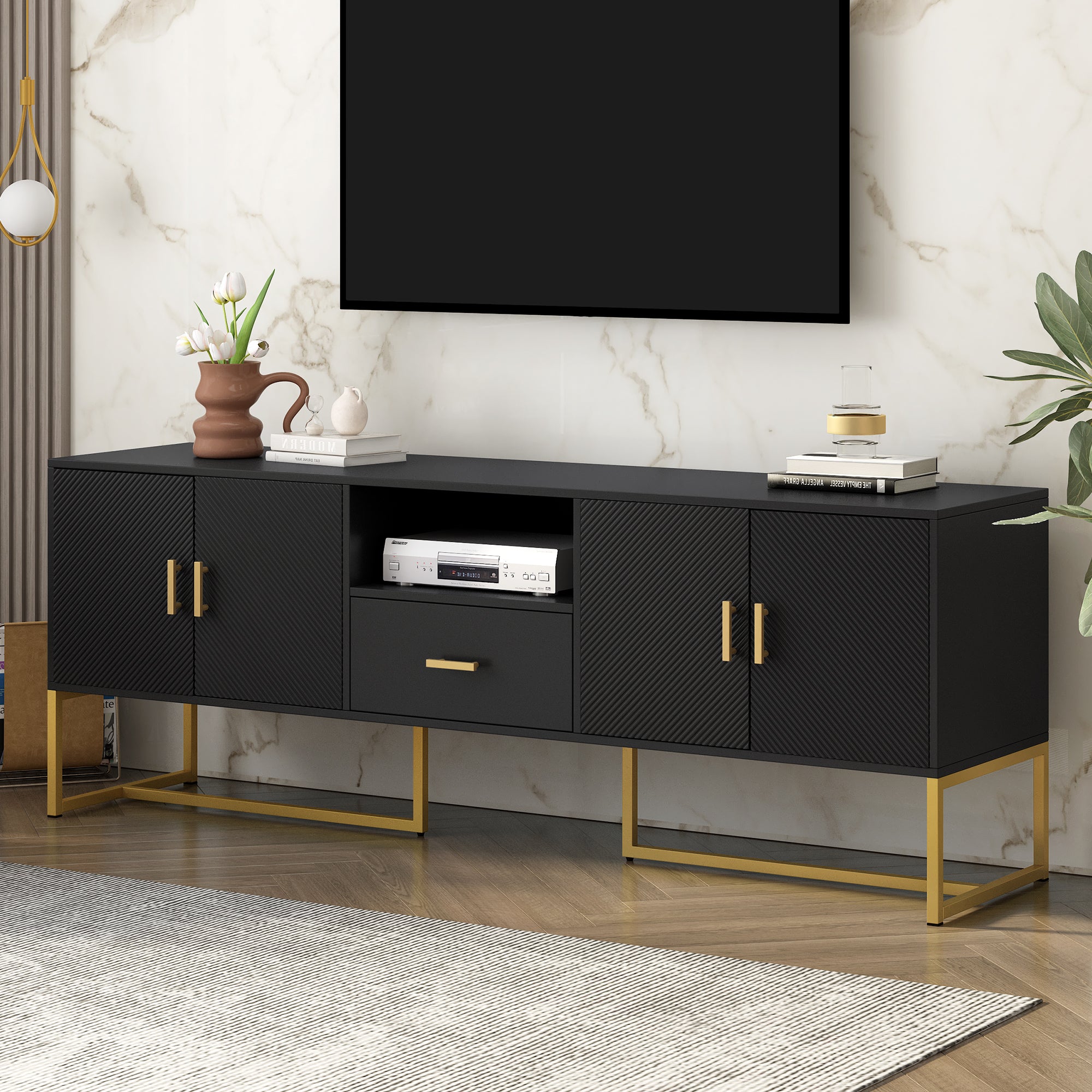 Modern TV Stand for 70" TVs w/ Drawer & Cabinets