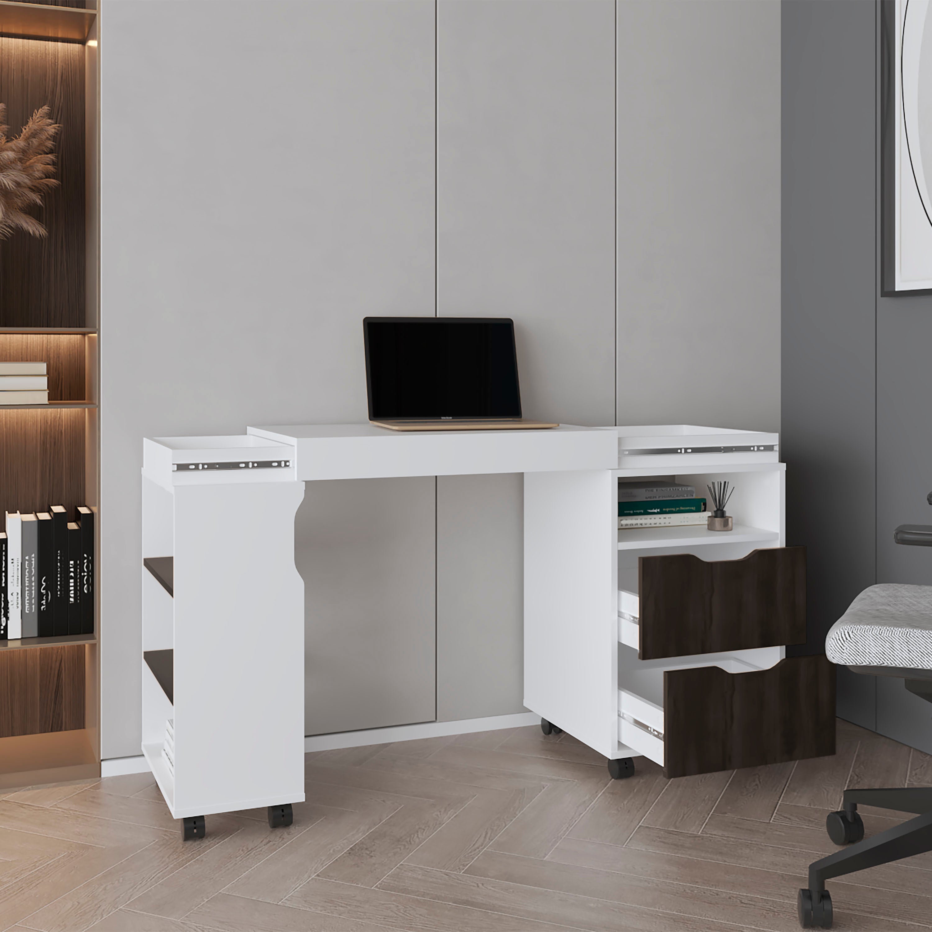 San Diego 54" Expandable Desk w/ Shelves & Casters - White/Walnut