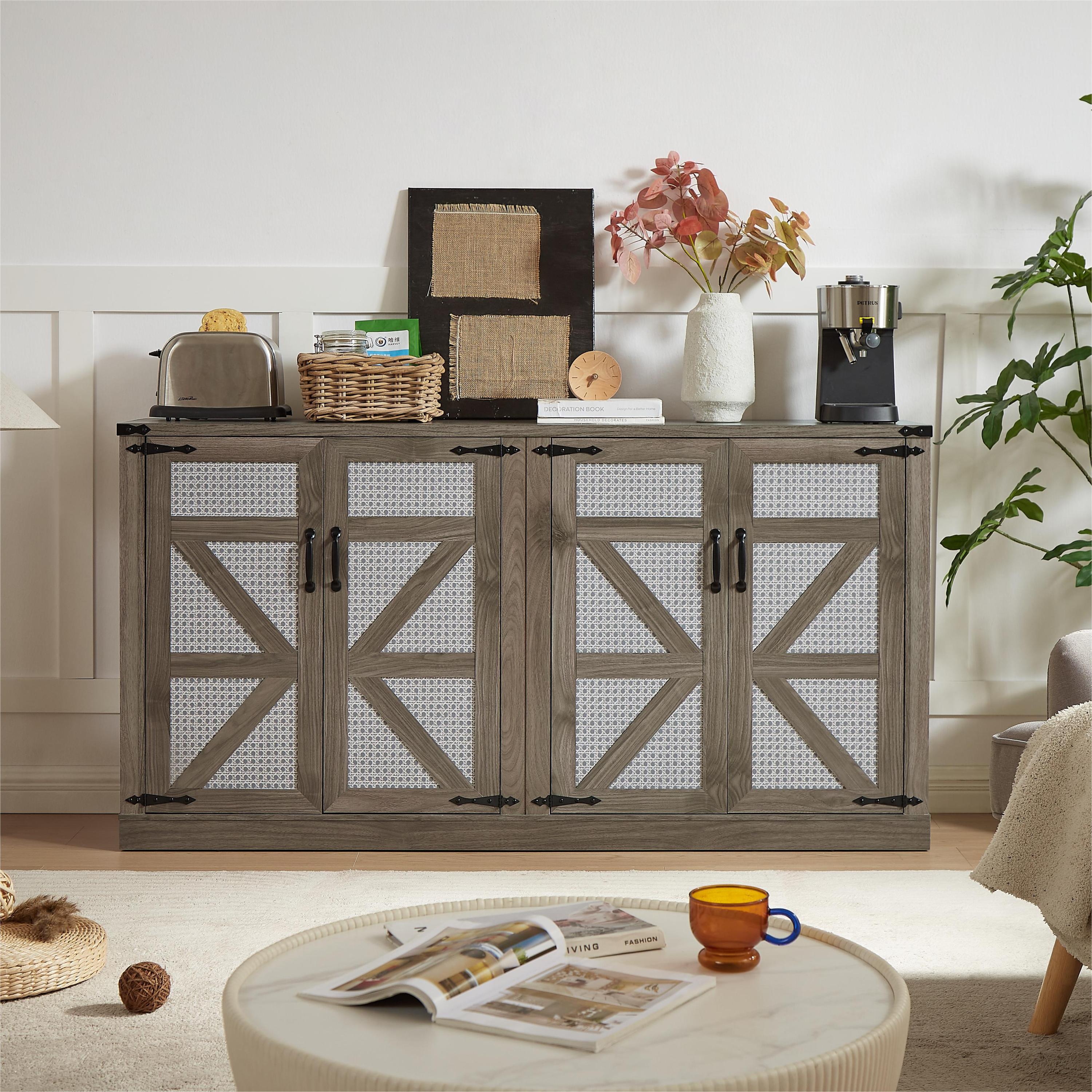 Rustic Gray Rattan Sideboard w/ Barn Doors