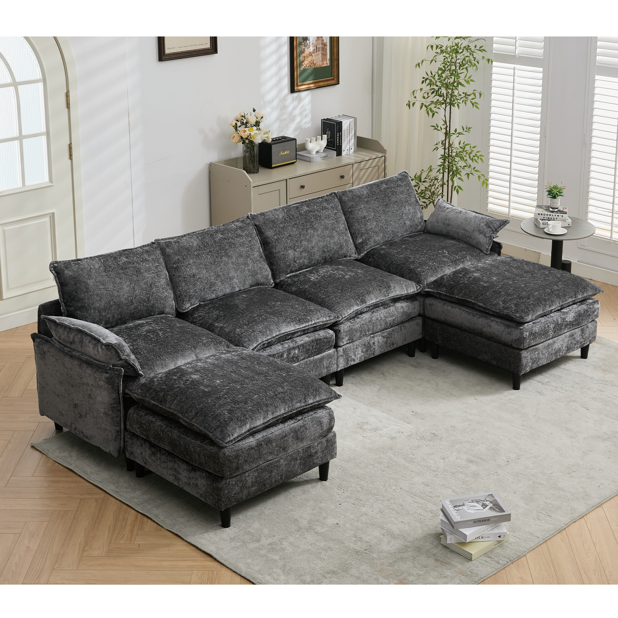 U-Shaped Modular Cloud Couch | 6-Seater Chenille Sofa