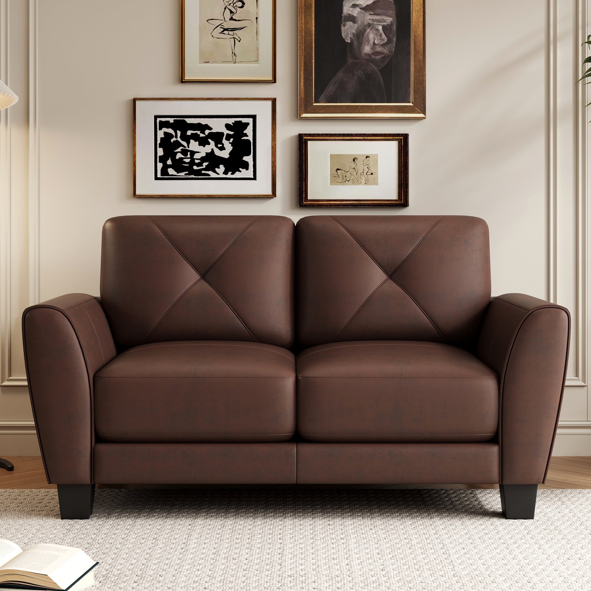 Honey Brown Leather Loveseat: Transitional Sofa