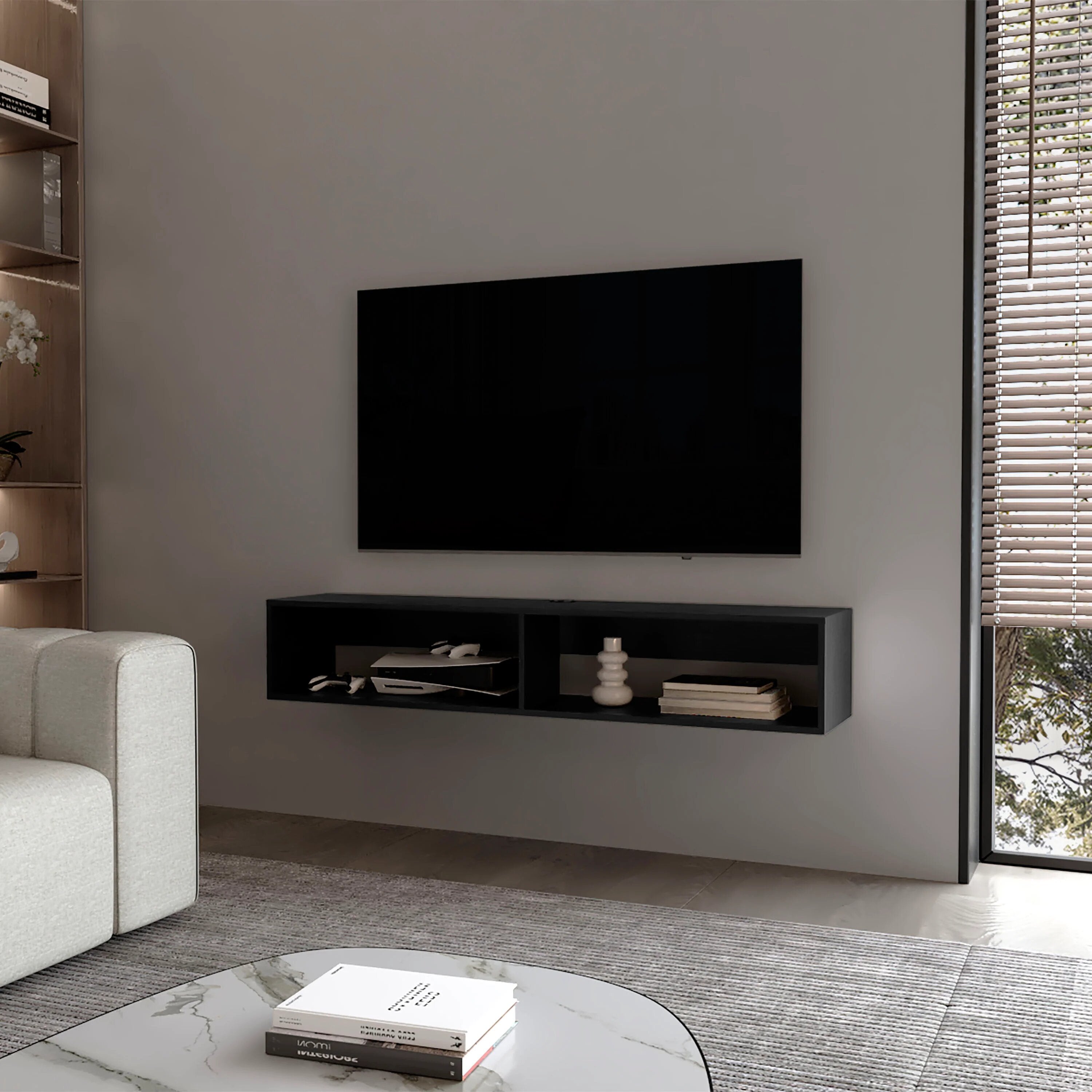 Black 2-Shelf Floating Media Rack | Wall Mounted Shelf