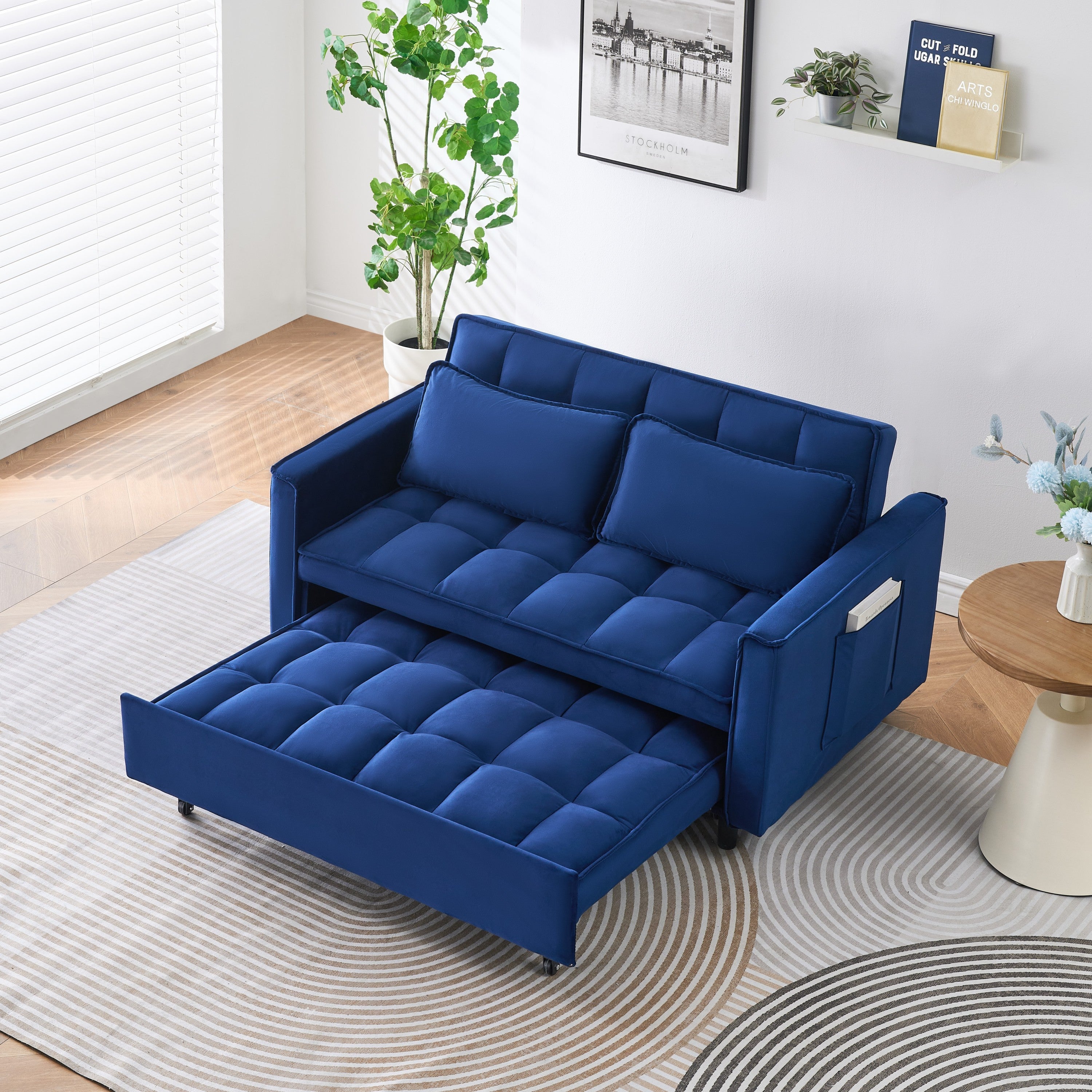 55" Blue Velvet Sofa: 3-in-1 Comfort & Style