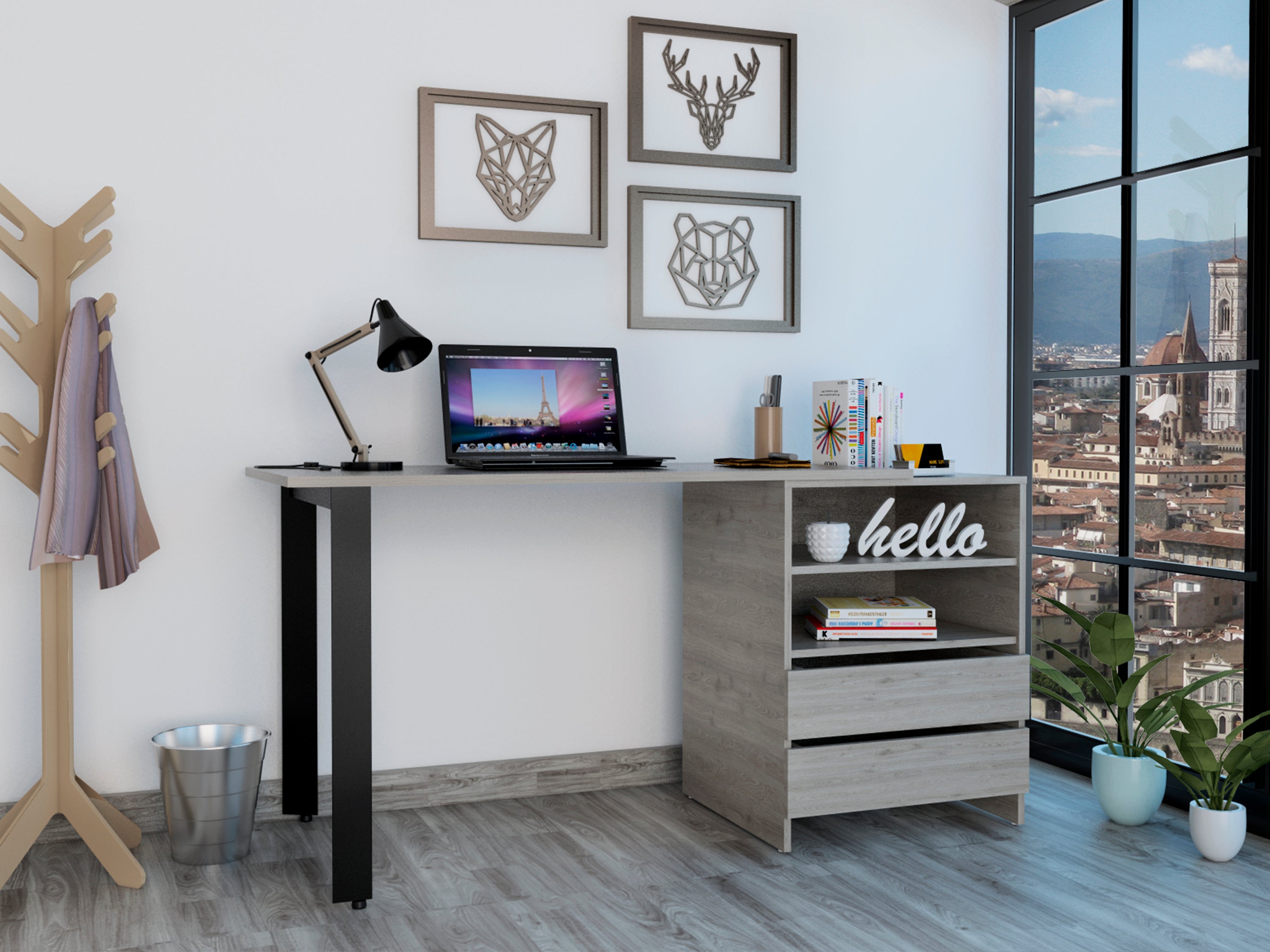 Light Gray 2-Drawer Writing Desk | 2-Shelf Home Office Desk