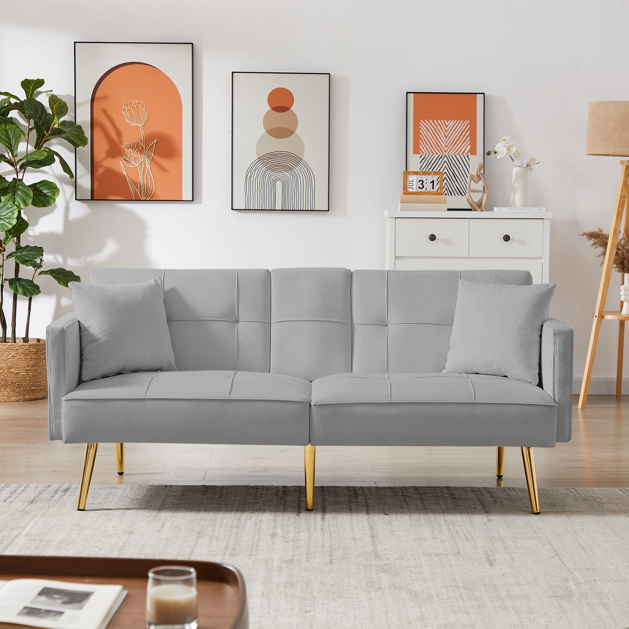 Grey Velvet Futon Sofa Bed: Gold Legs