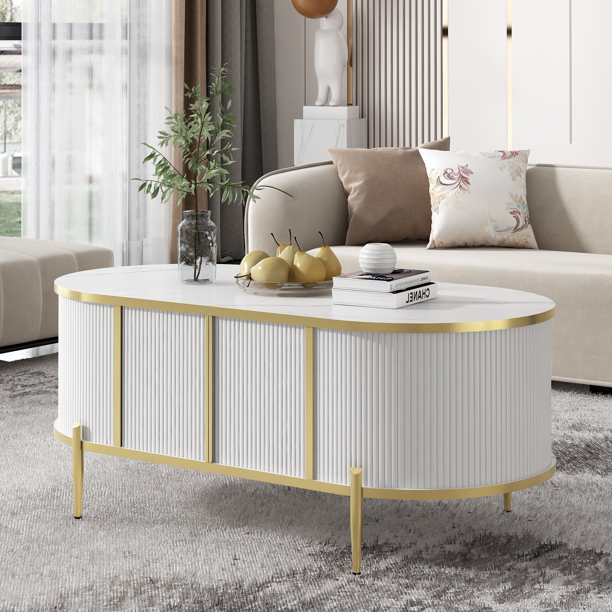 Modern Oval Fluted Coffee Table w/ Cabinets, White