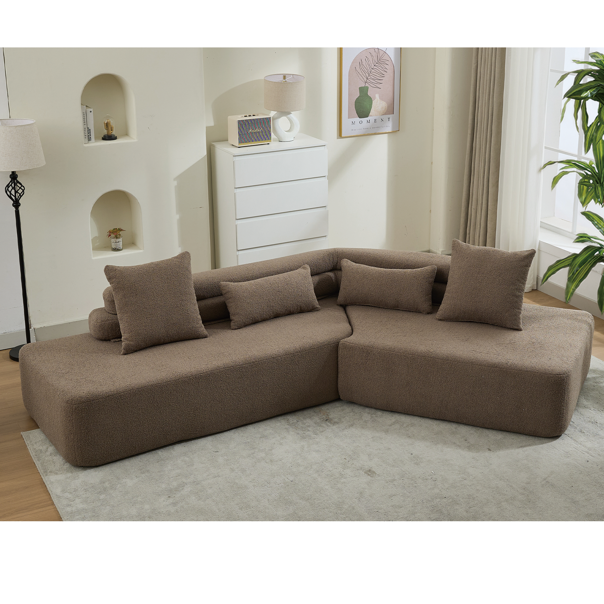 Minimalist Cloud Sectional Couch: 128" Brown Boucle