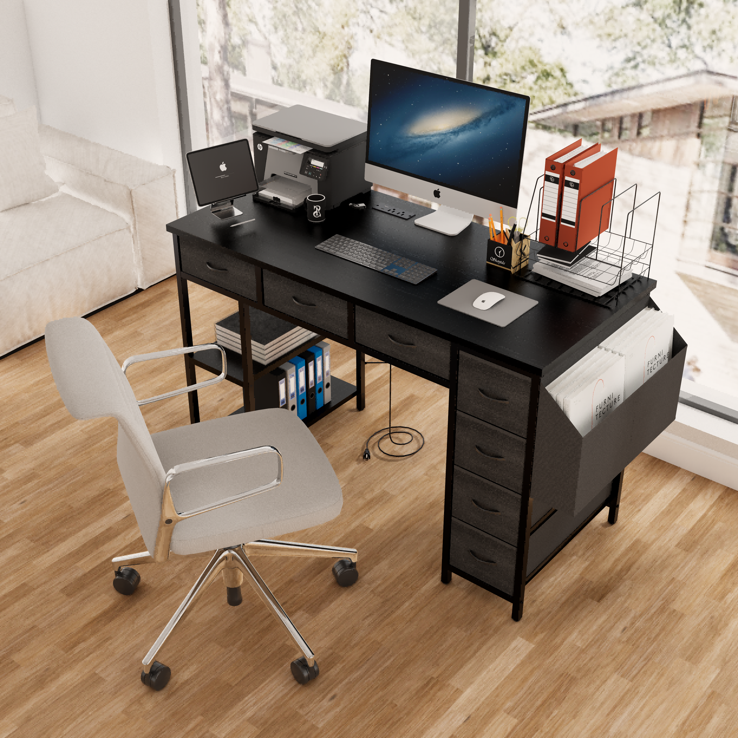 47" Computer Desk w/ Drawers, Power Outlets & Side Pocket - Black