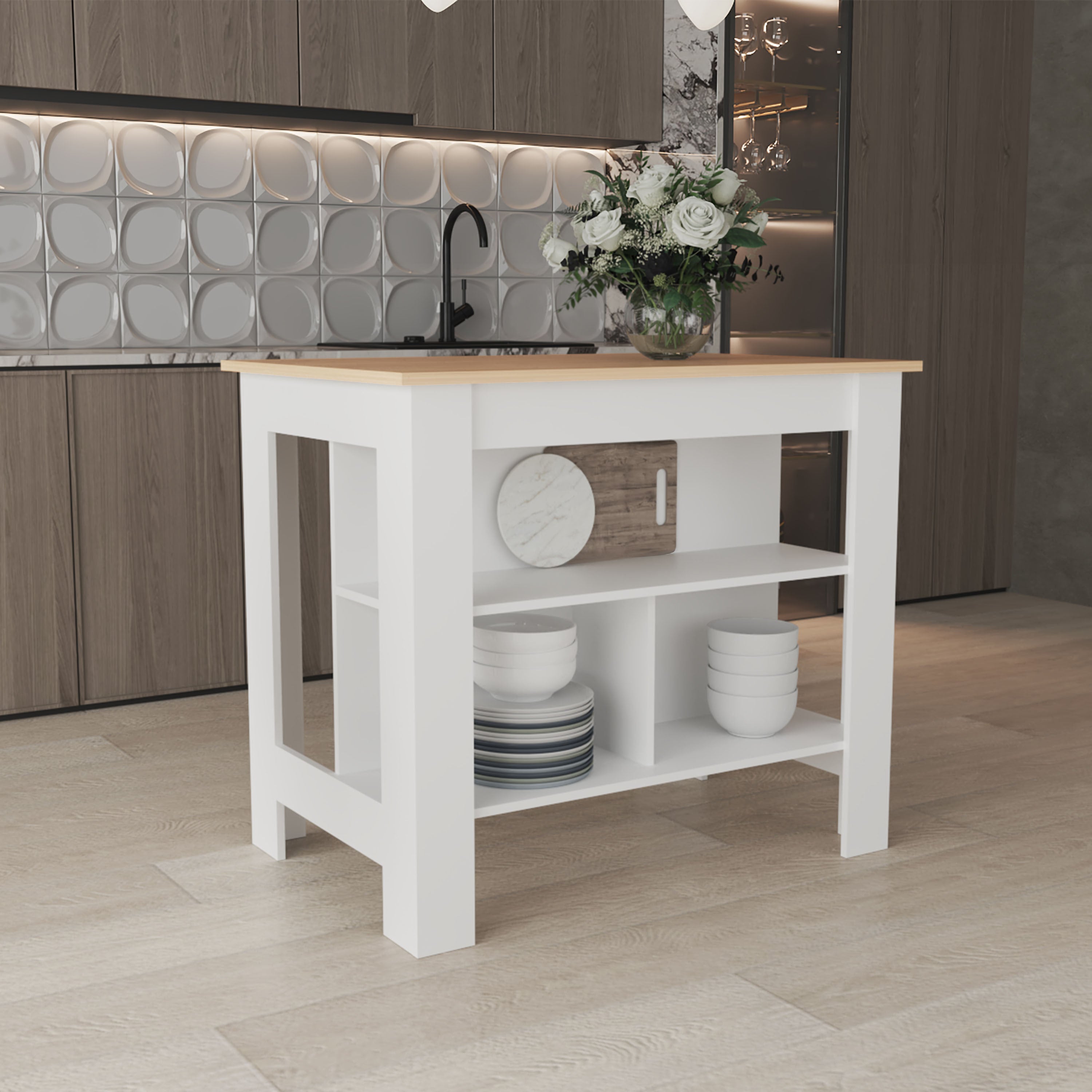 35.4" White Island w/ 3 Shelves - Light Pine Accents
