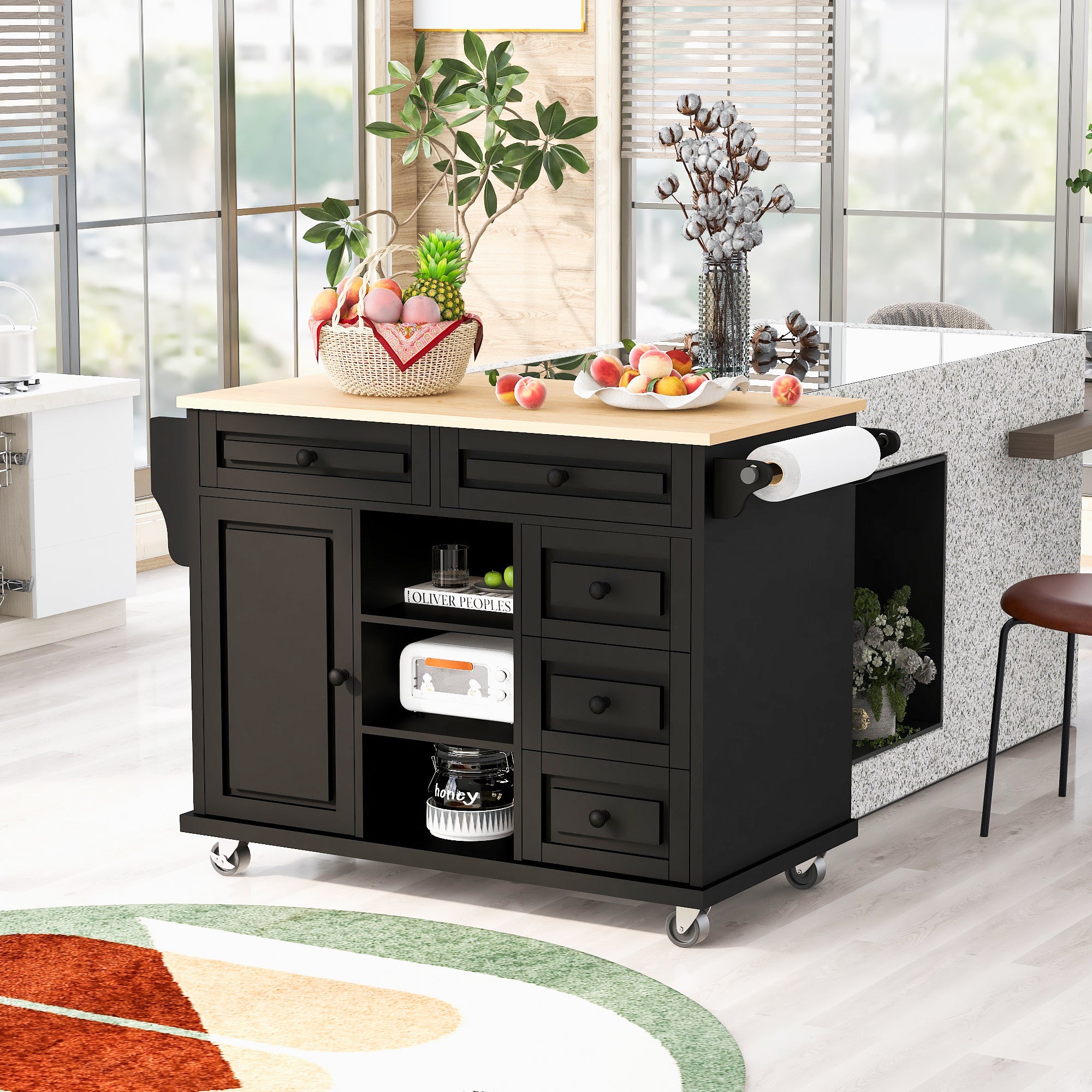 53" Rolling Kitchen Cart w/ Rubberwood Top & 5 Drawers - Black
