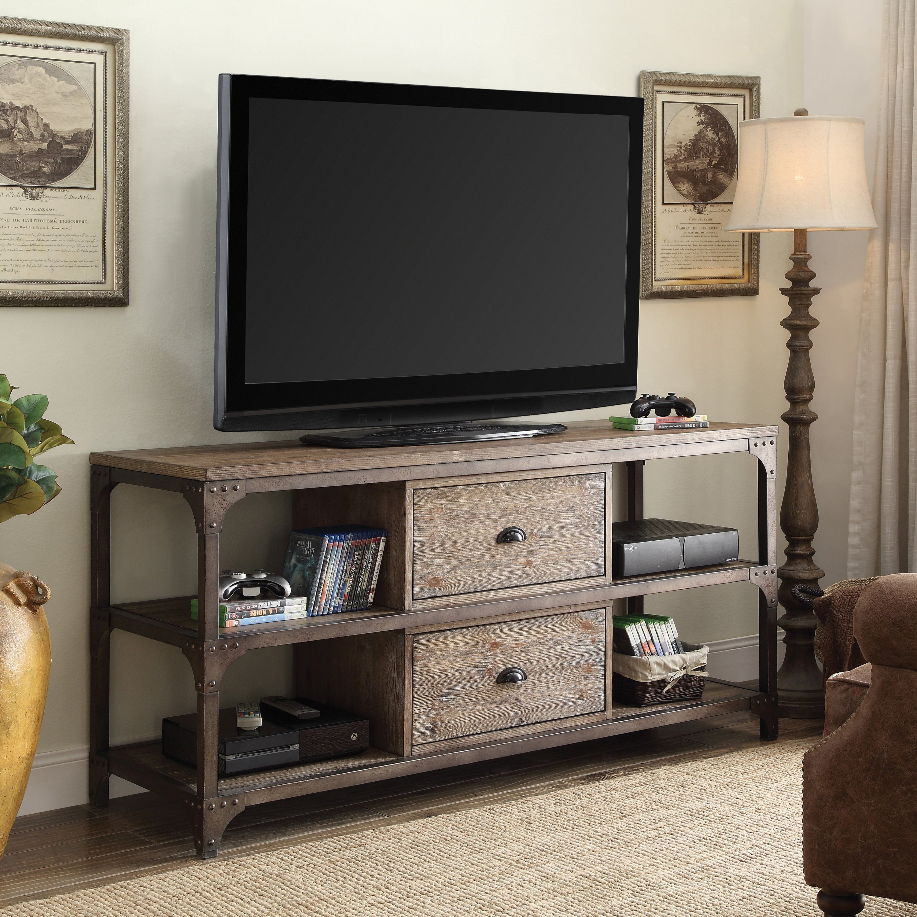 Weathered Oak & Silver 4-Shelf TV Stand