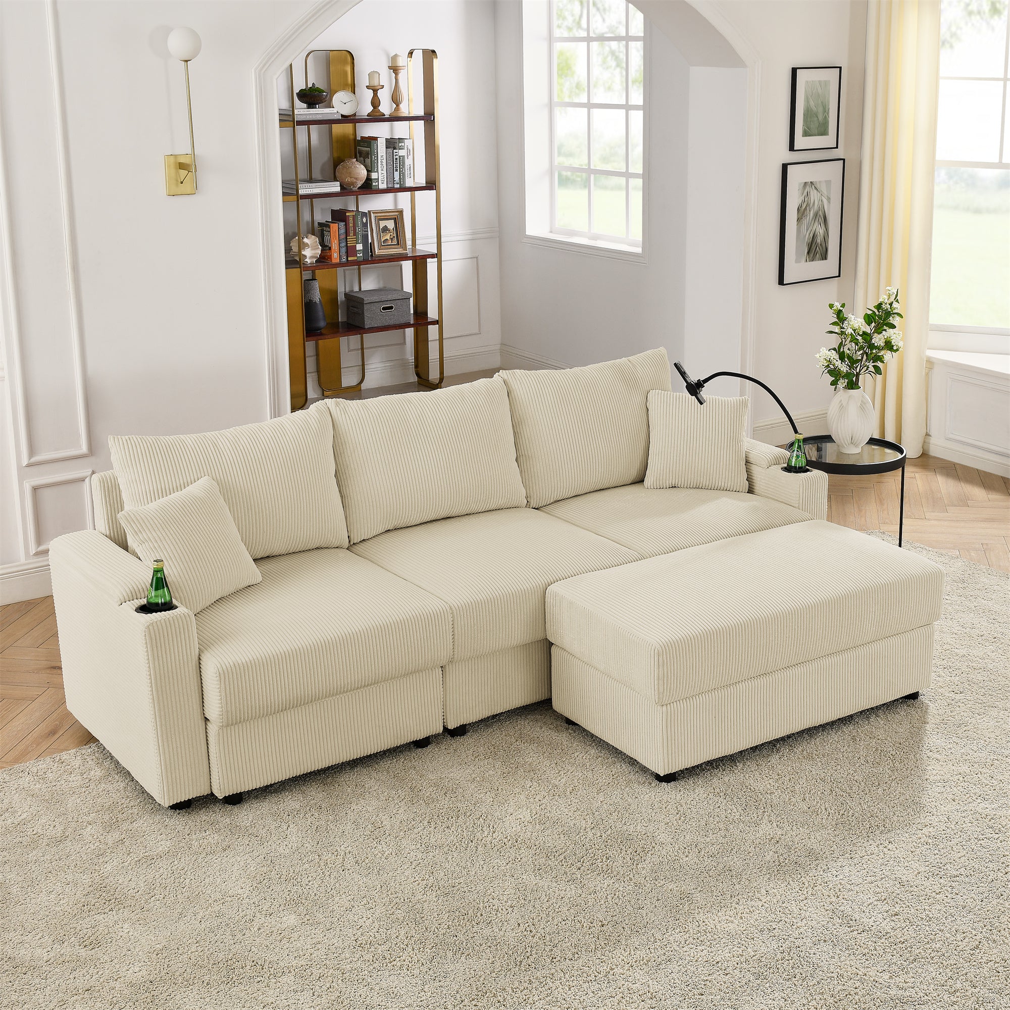 Modern L-Shaped Couch with Storage & Ottoman