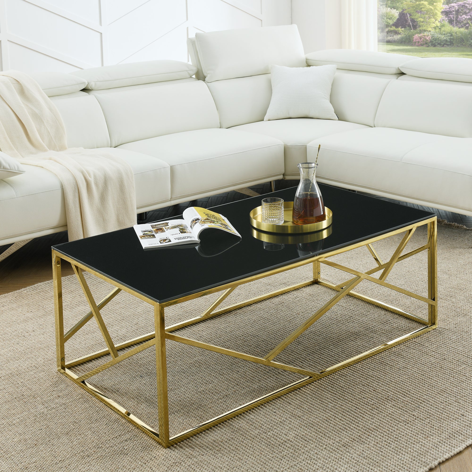 Modern Gold Accent Table: Black Glass Top