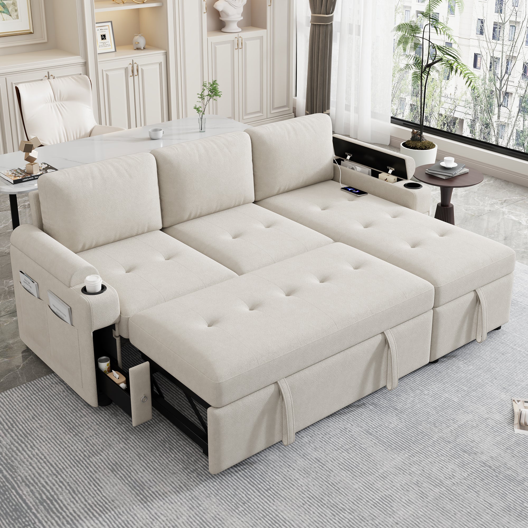 Beige L-Shaped Sofa Bed w/Storage & USB