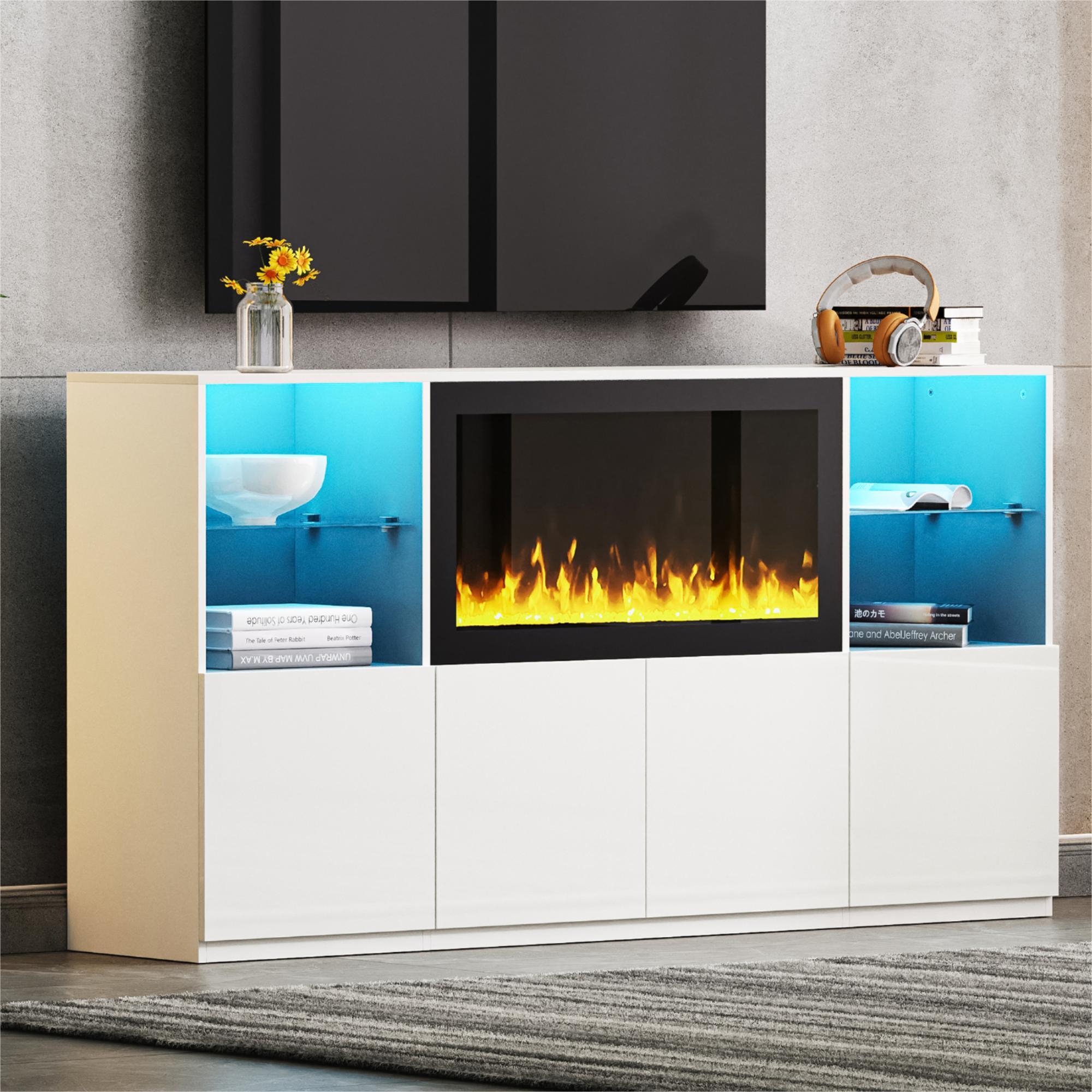Modern White TV Stand w/ Fireplace & LED Lights