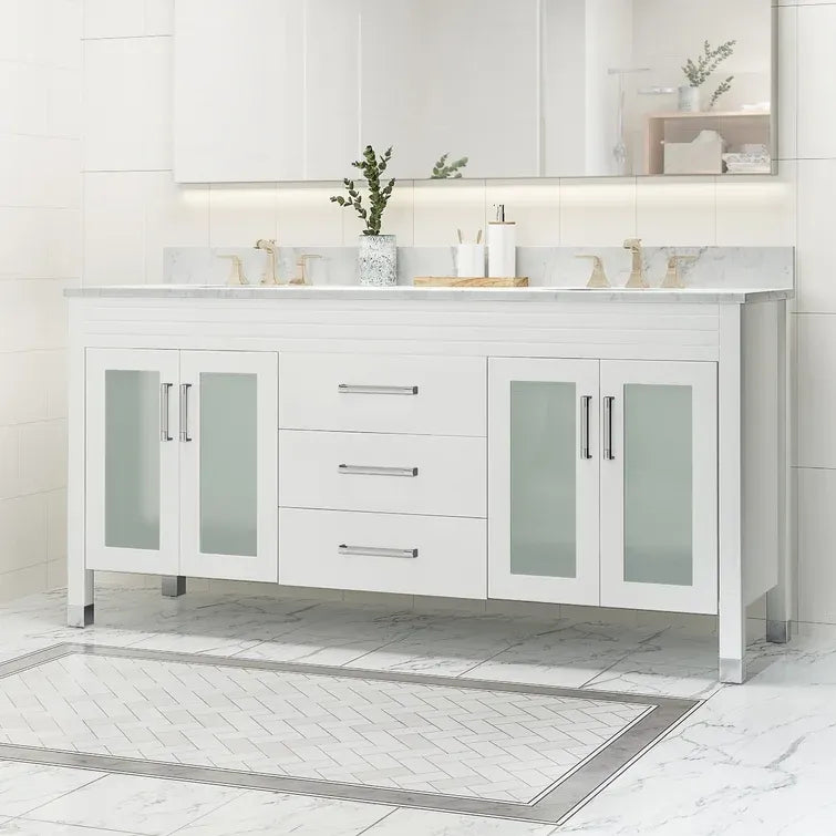 73" Double Vanity: Marble Top, White, Glass Doors