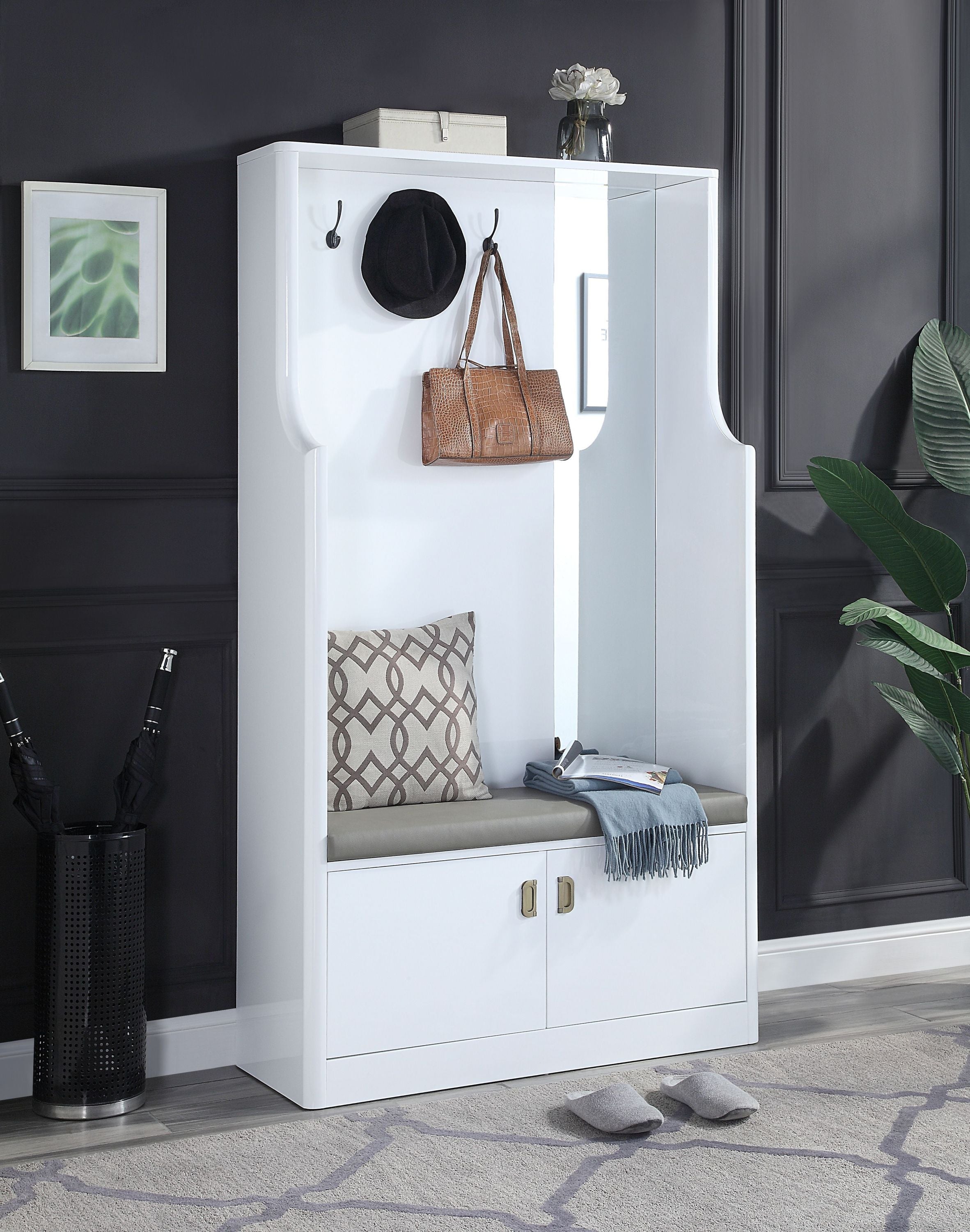 Buck II White Gloss Hall Tree | Entryway Storage & Seating