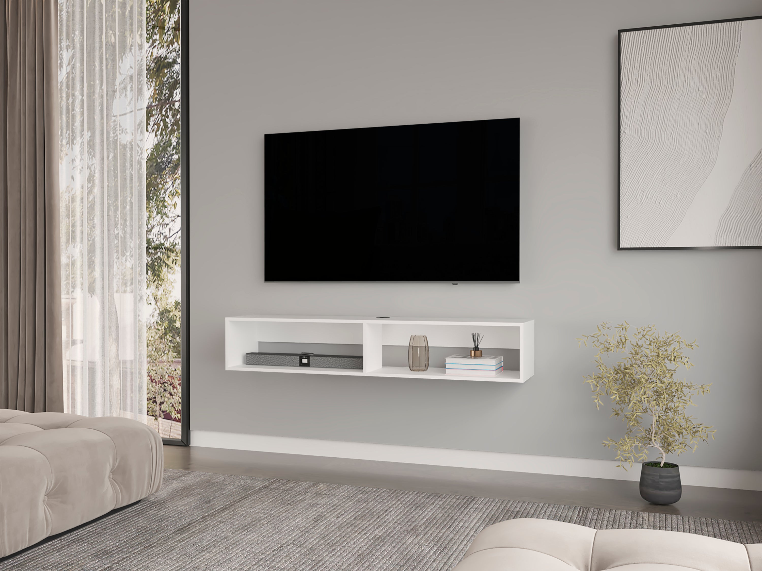 Floating TV Stand | Modern White Media Console | Moore