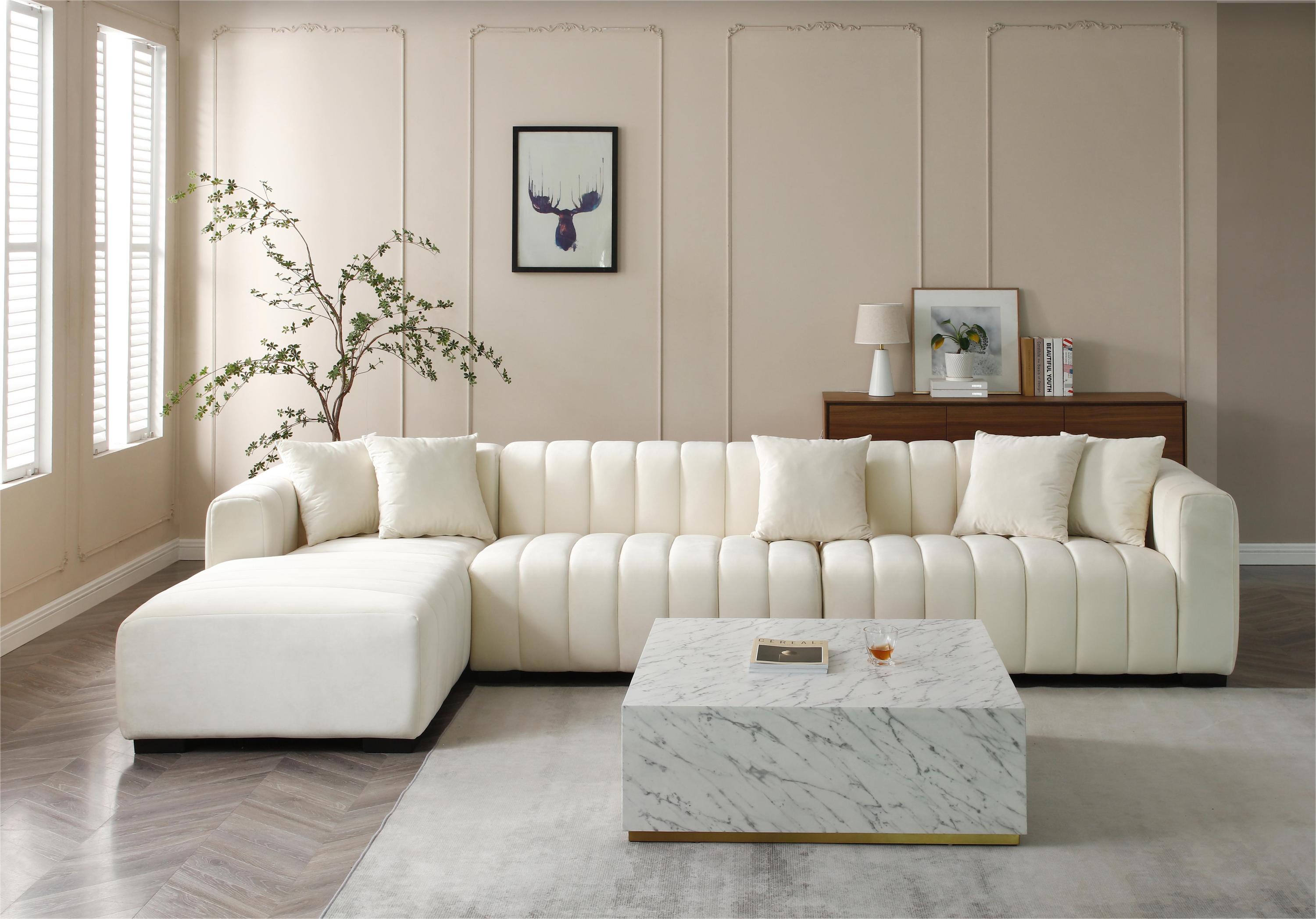 139" Channel Tufted Velvet Sofa w/ Left Chaise, Beige