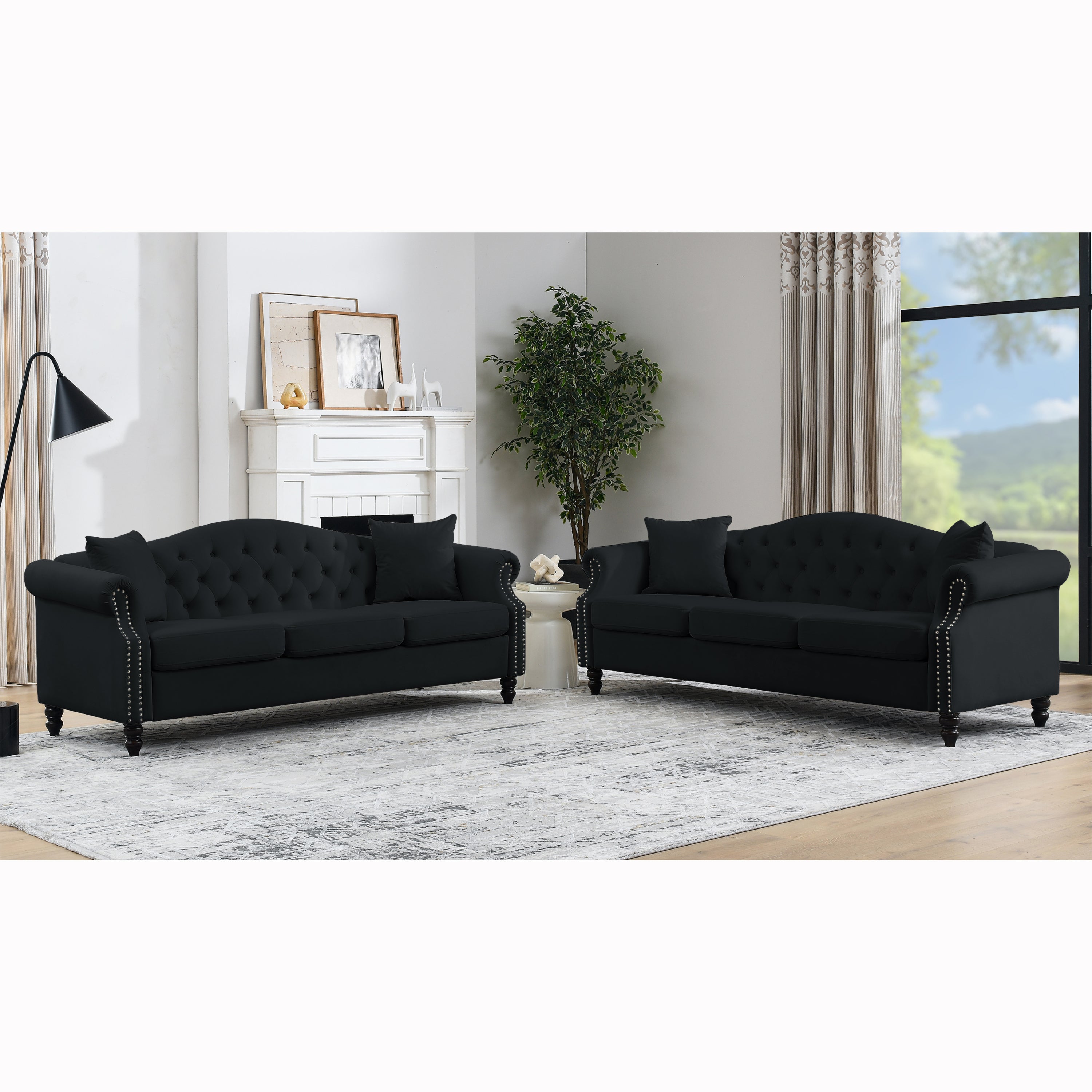 Black Velvet Chesterfield Sofa: 79" 3-Seater