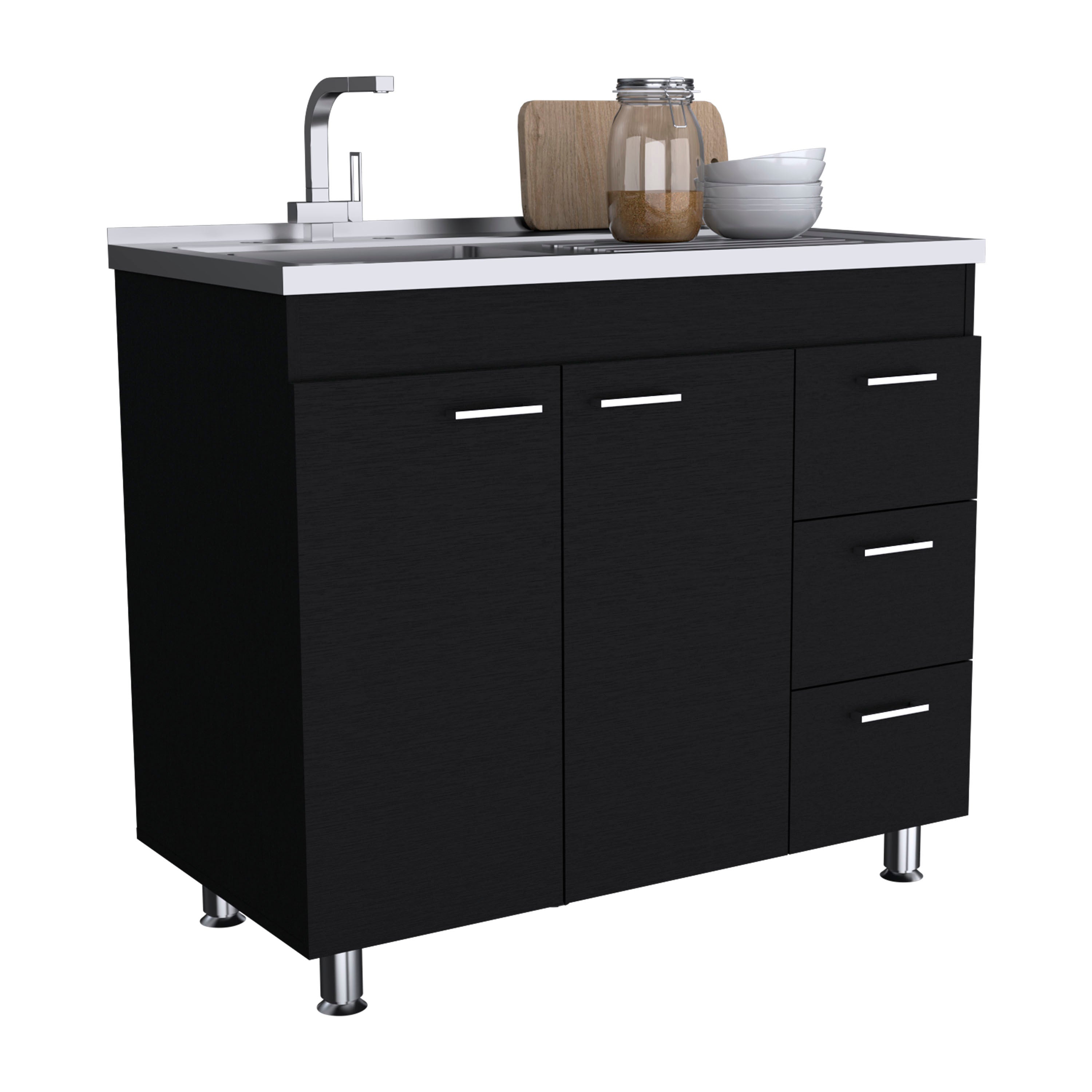Black Base Double Door Cabinet, 3 Drawers