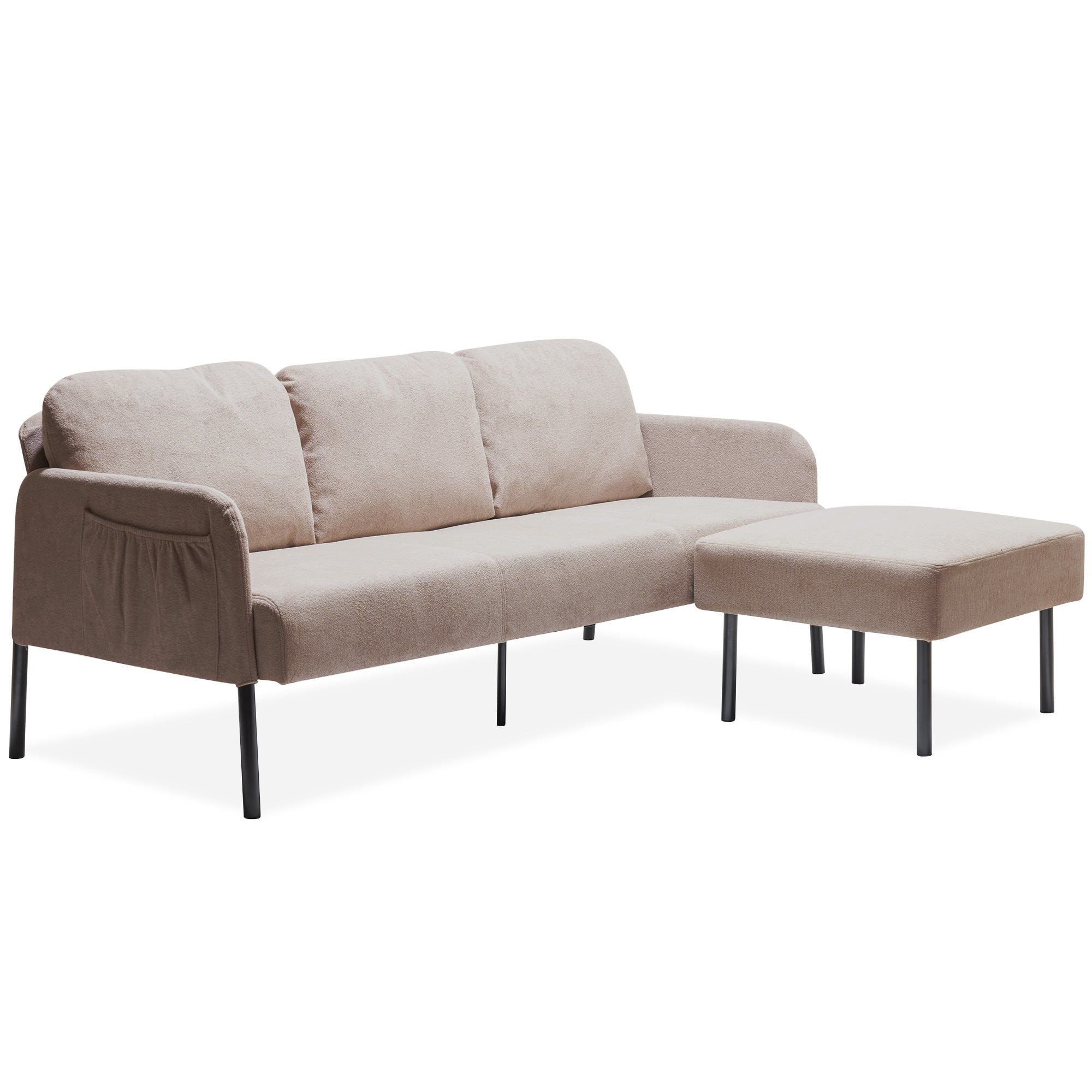 Beige 3-Seater L-Shaped Sofa w/ Ottoman | Small Spaces