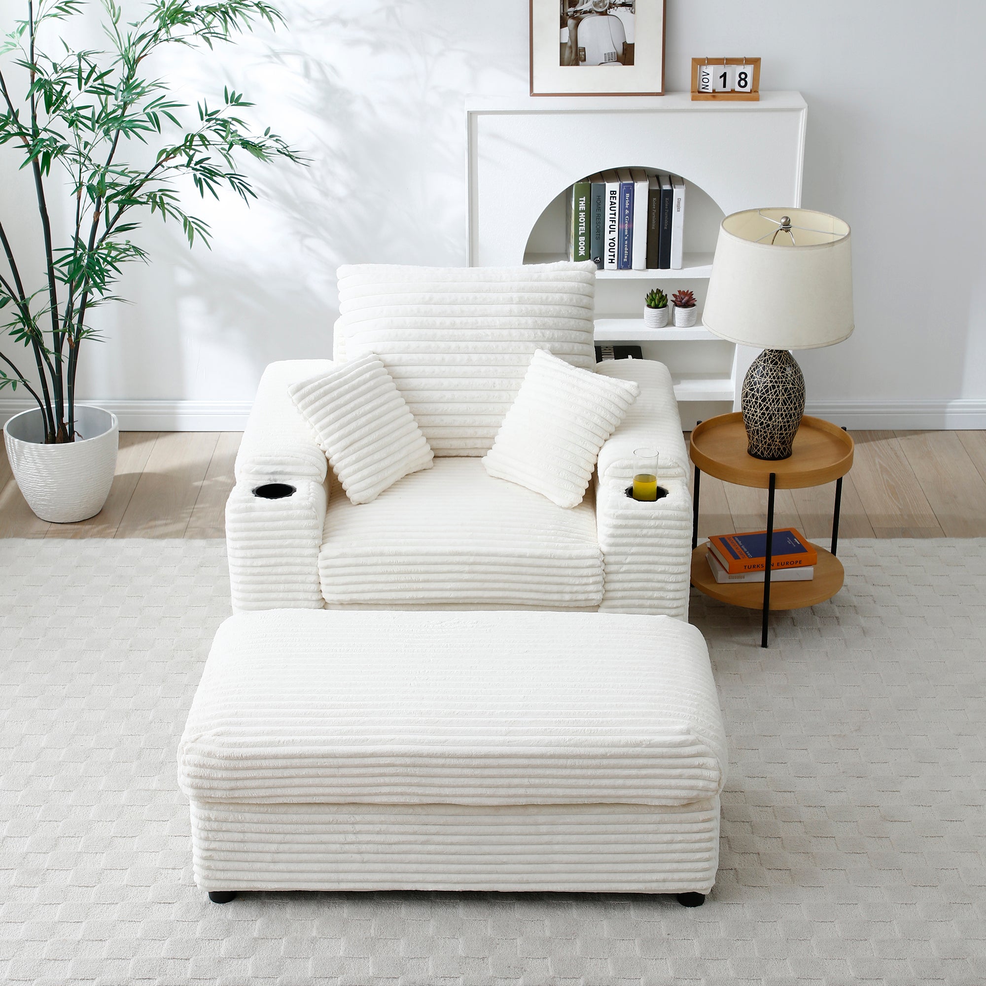 Oversized Beige Accent Chair with Ottoman