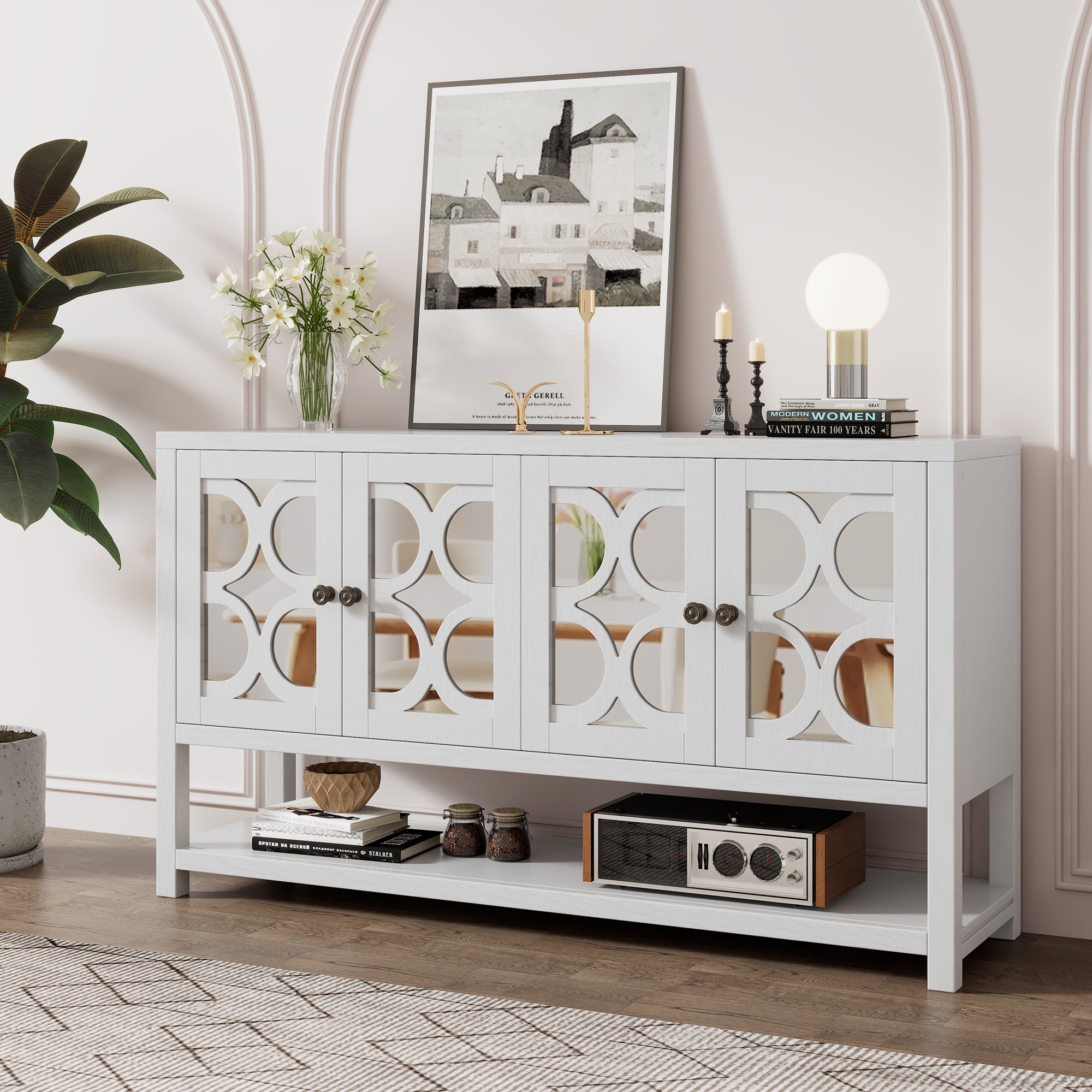 Retro Console Table: Acacia Wood & Mirrored Doors