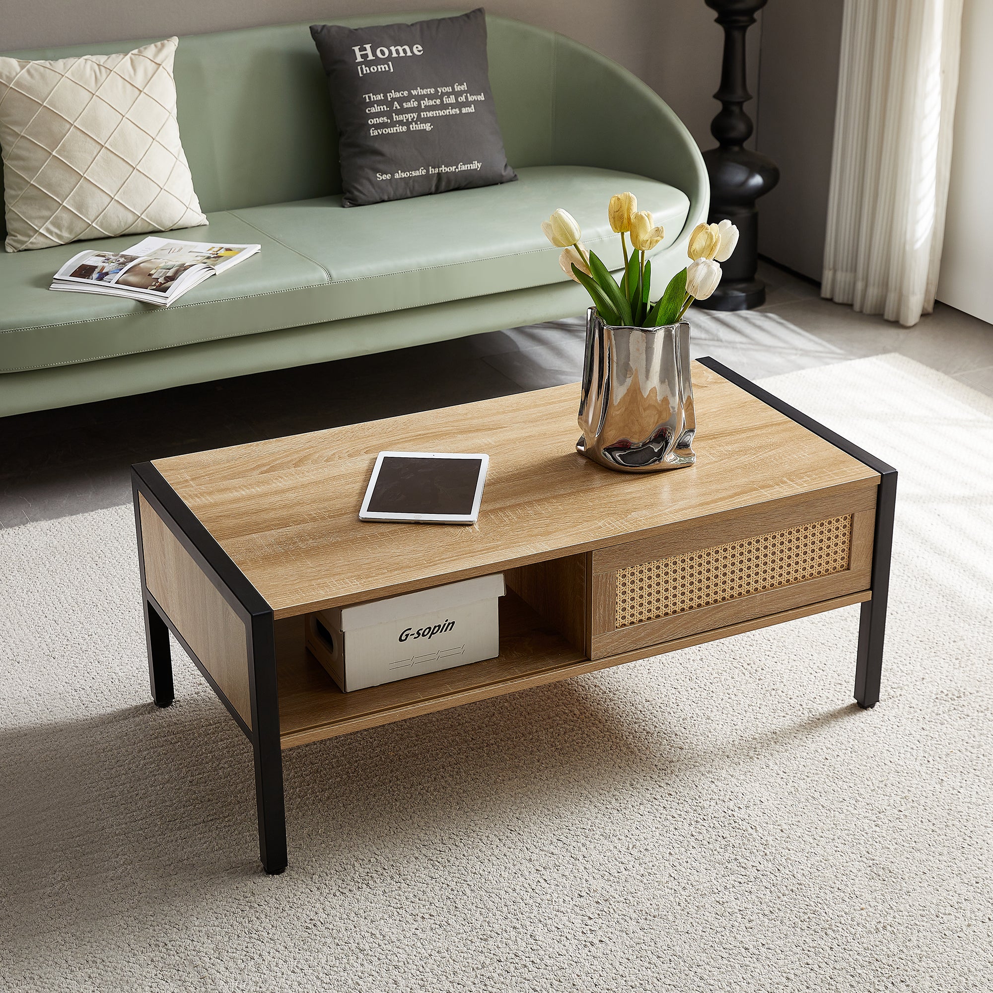 Modern Rattan Coffee Table w/ Storage & Metal Legs