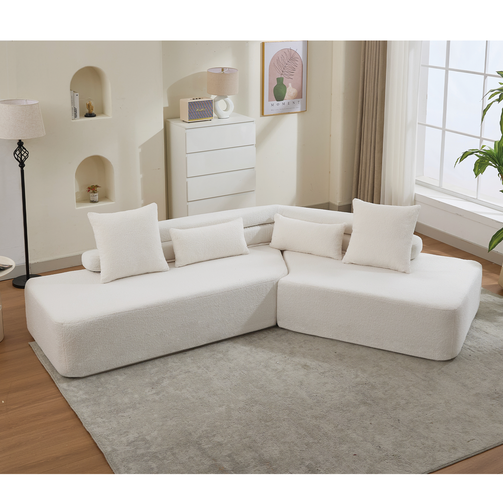 Beige Boucle Sectional Sofa: Modern & Minimalist