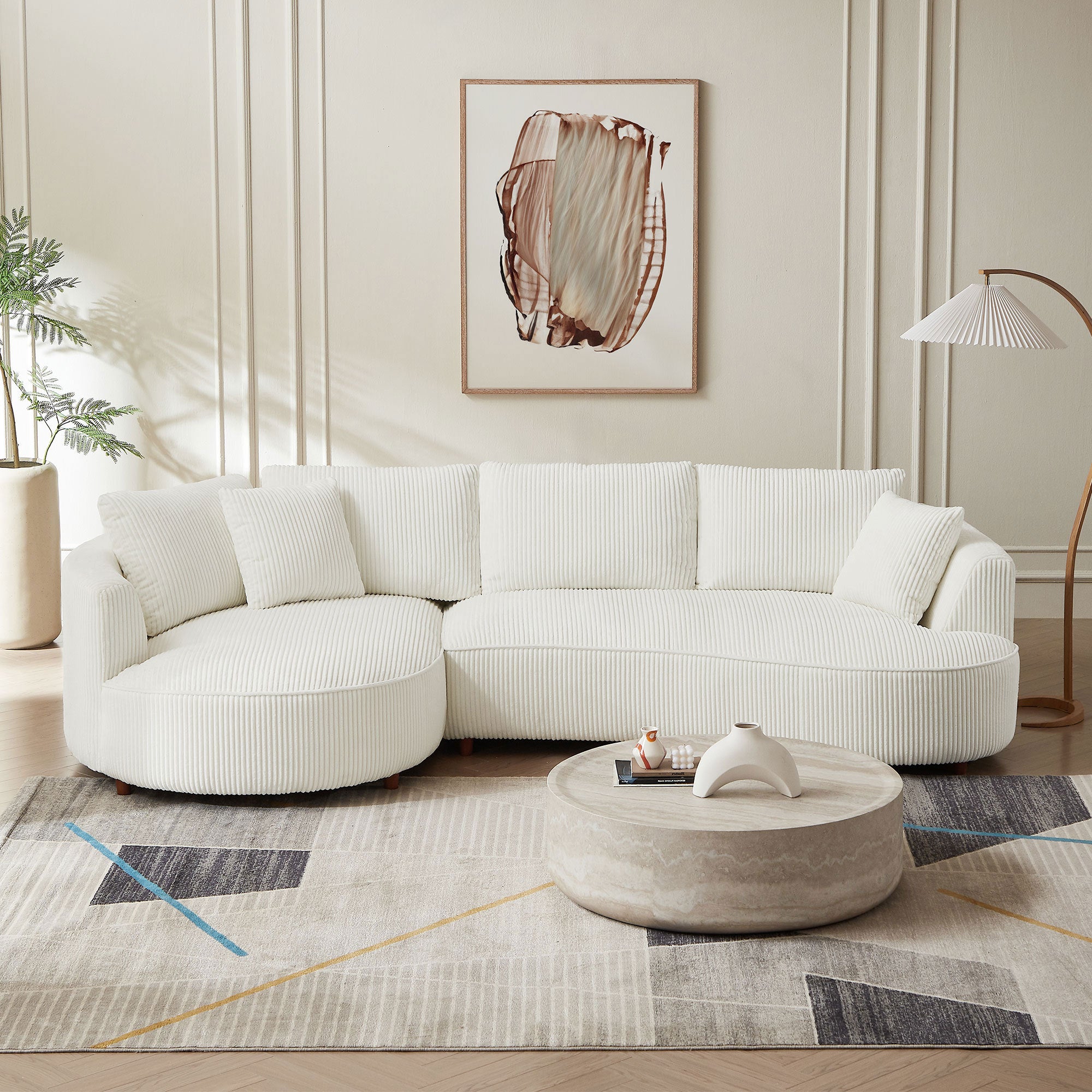 Oversized White Corduroy Sectional Sofa w/ Chaise (122")