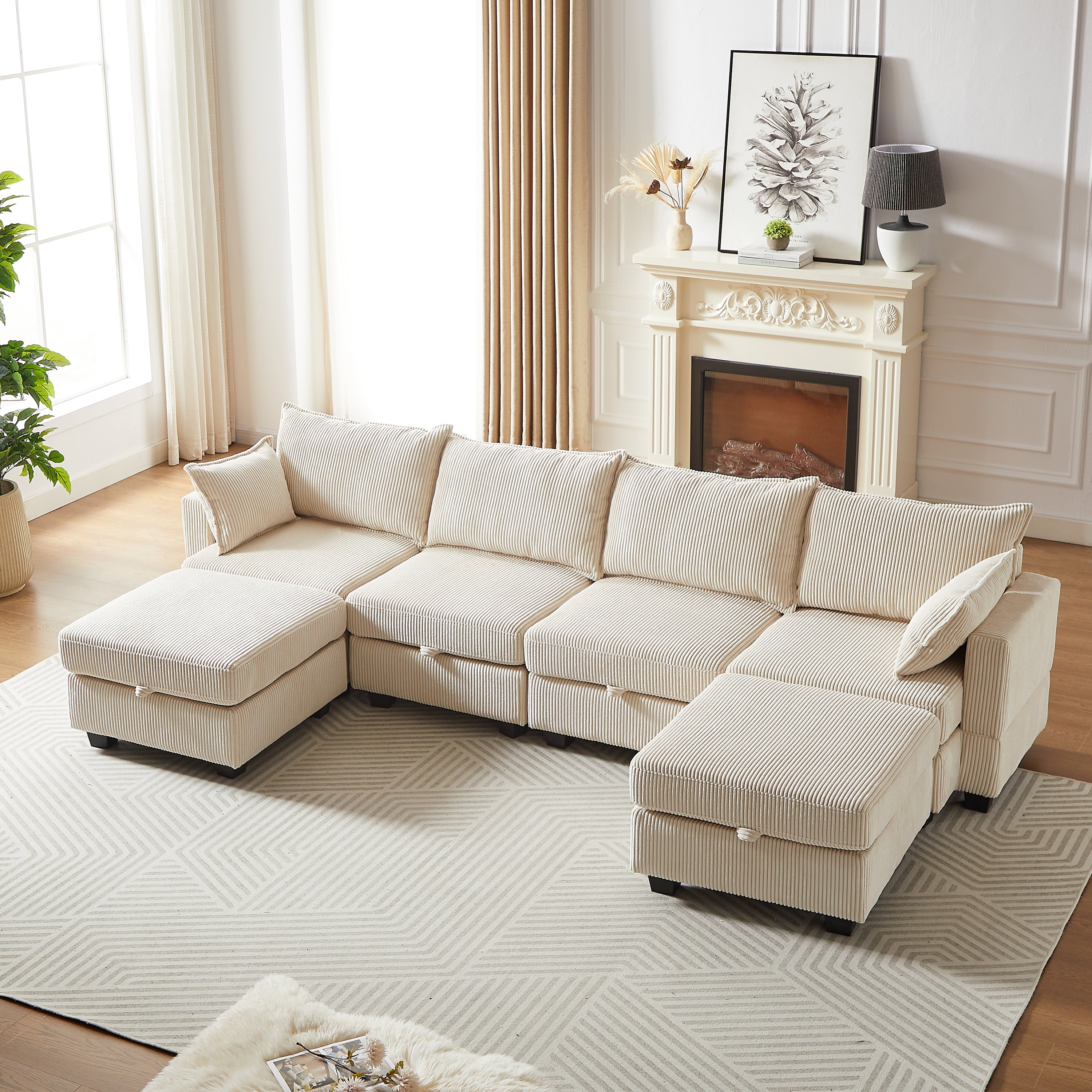 113.5" Modular Corduroy Sectional Sofa w/ Ottoman
