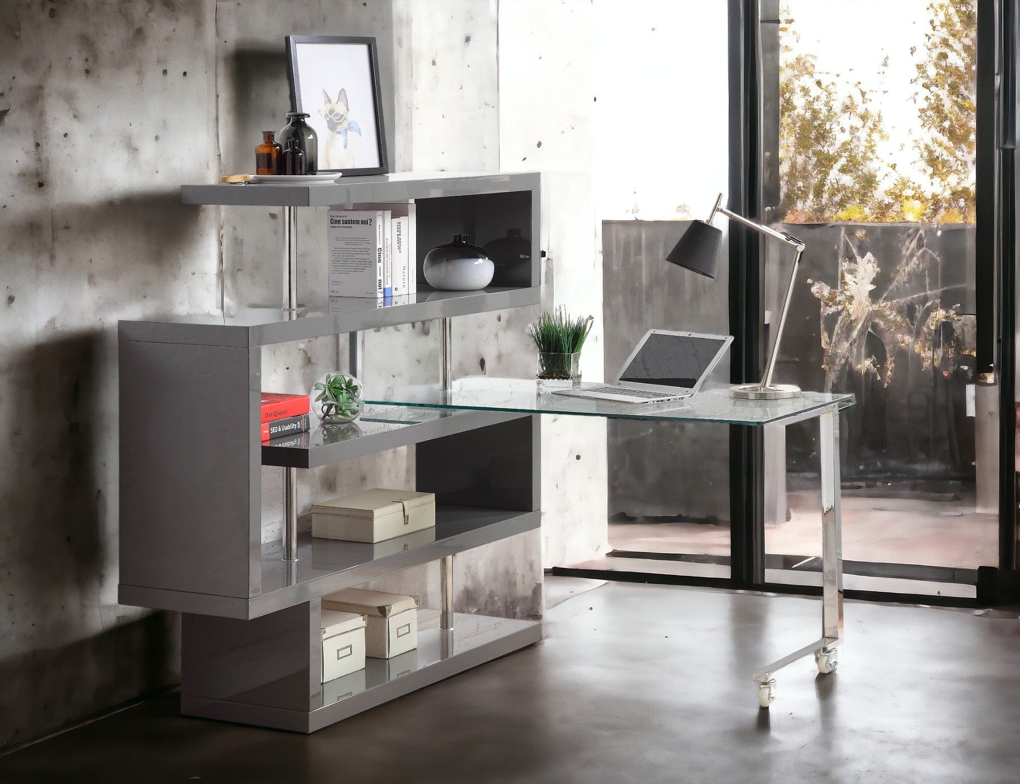 Buck II Clear Glass Desk, Chrome Finish, w/ Shelf
