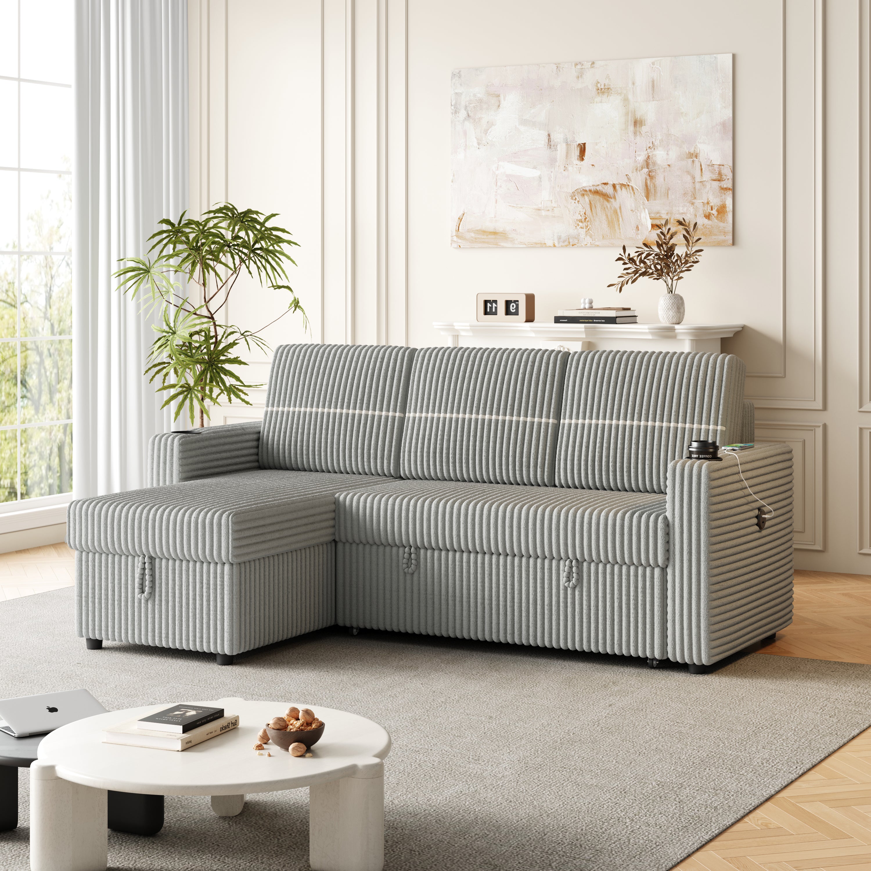 85" Corduroy Sofa Bed w/ Storage & USB