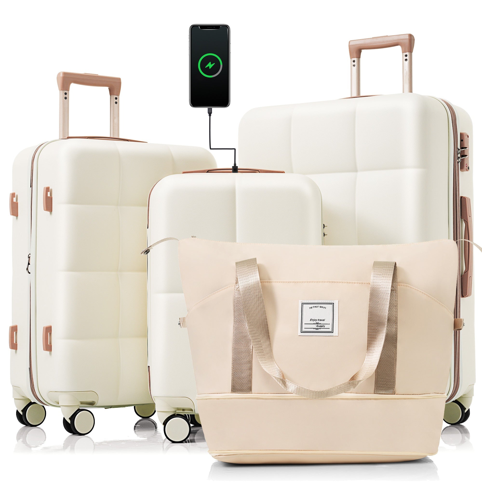 Expandable Beige Luggage Set w/ USB & Spinner Wheels