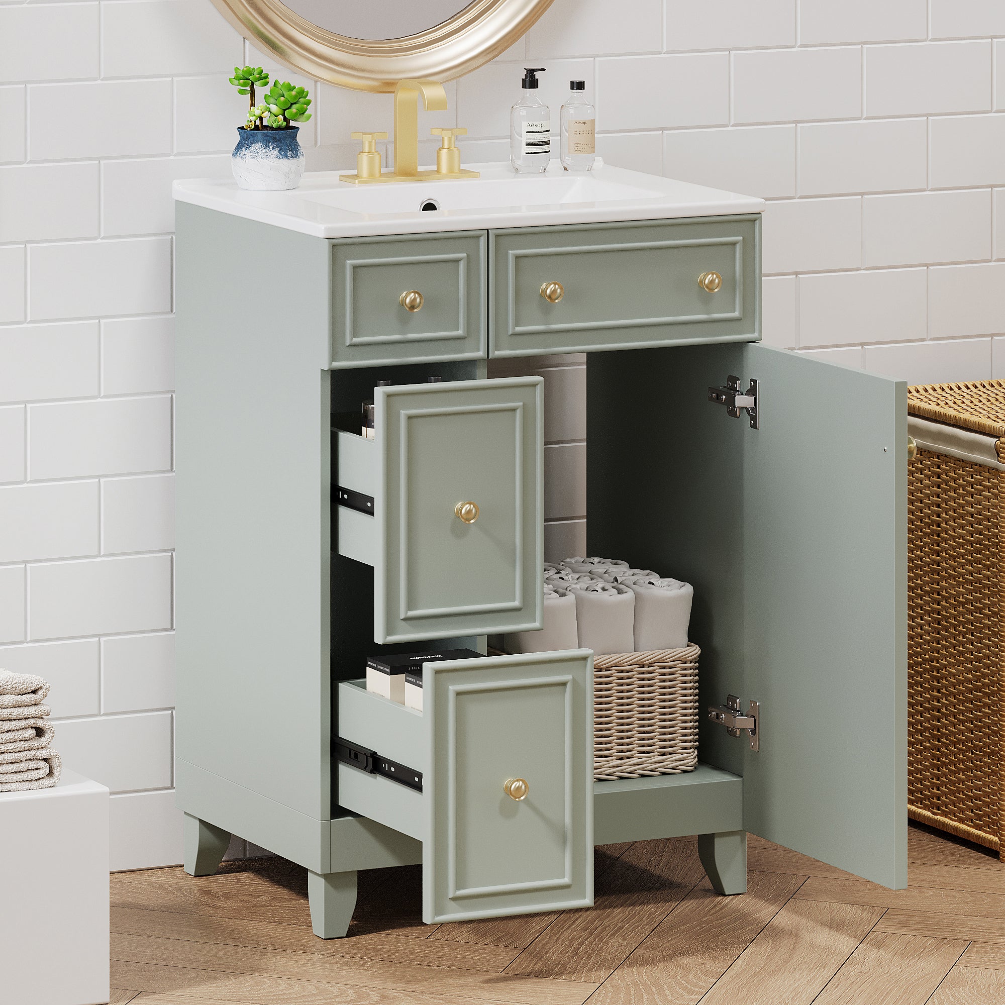 24" Bathroom Vanity: Ceramic Sink, 2 Drawers, Door