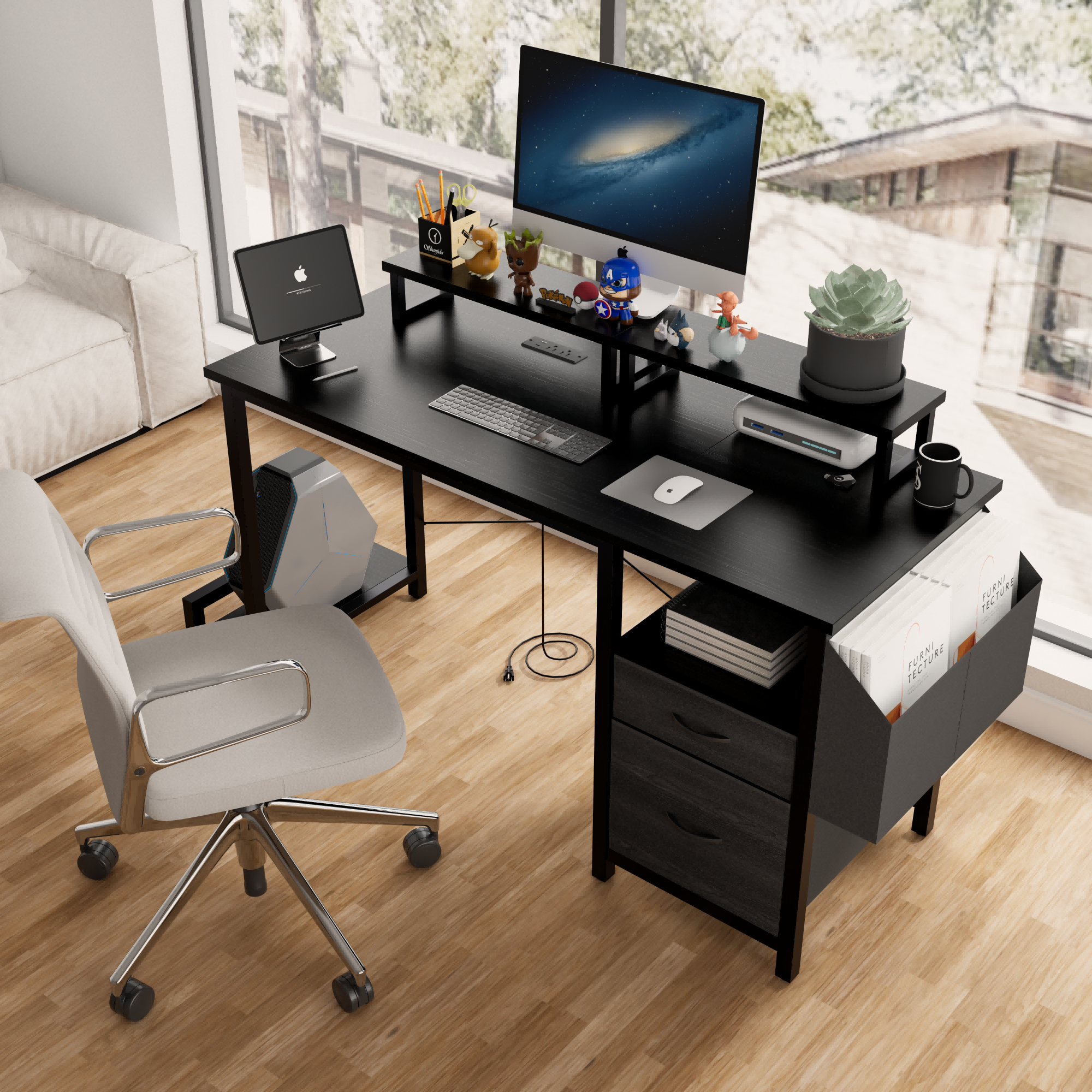 47" Computer Desk w/ Power Outlet, Monitor Stand & Drawers - Black