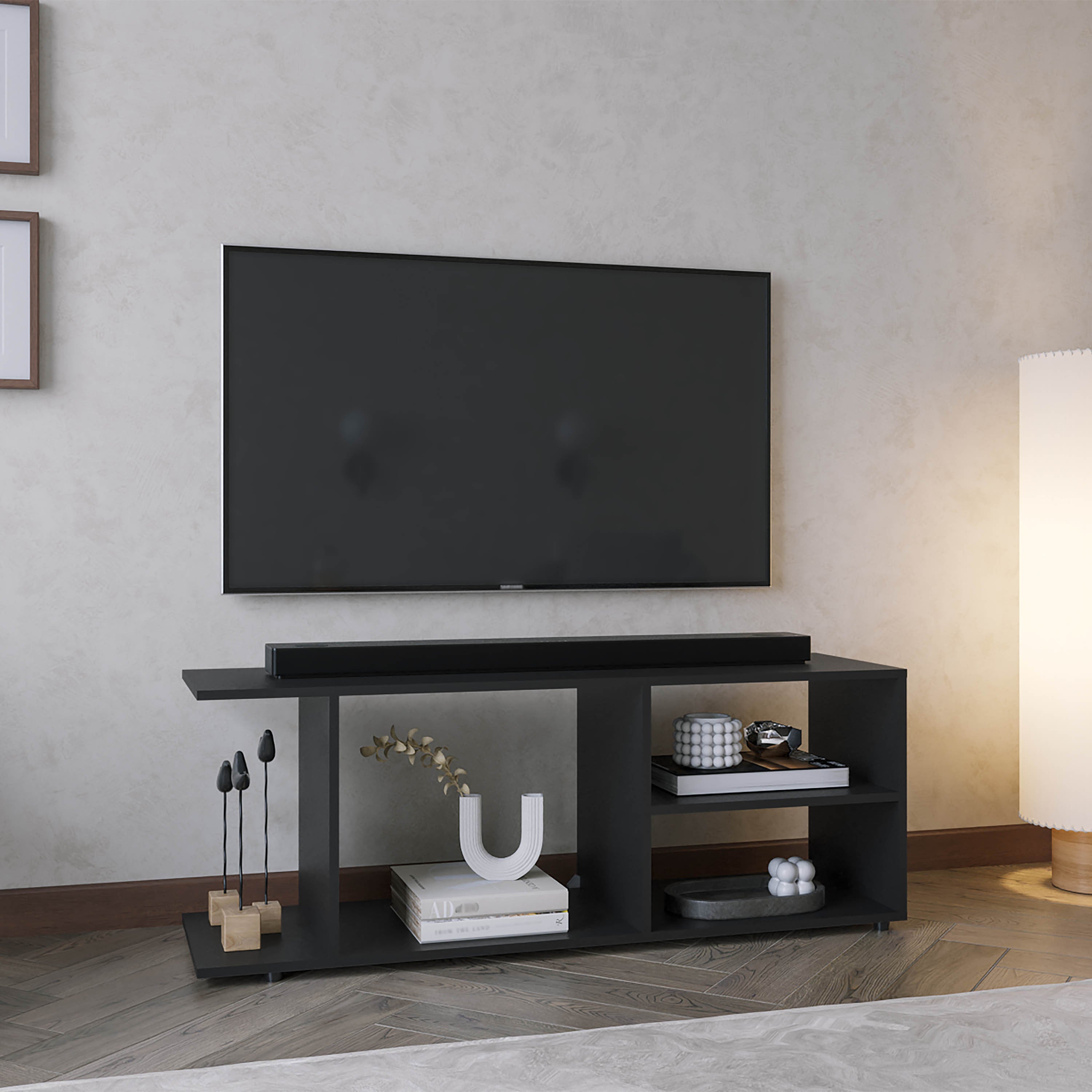 17.8" Black Entertainment Center w/ 4 Shelves & Legs