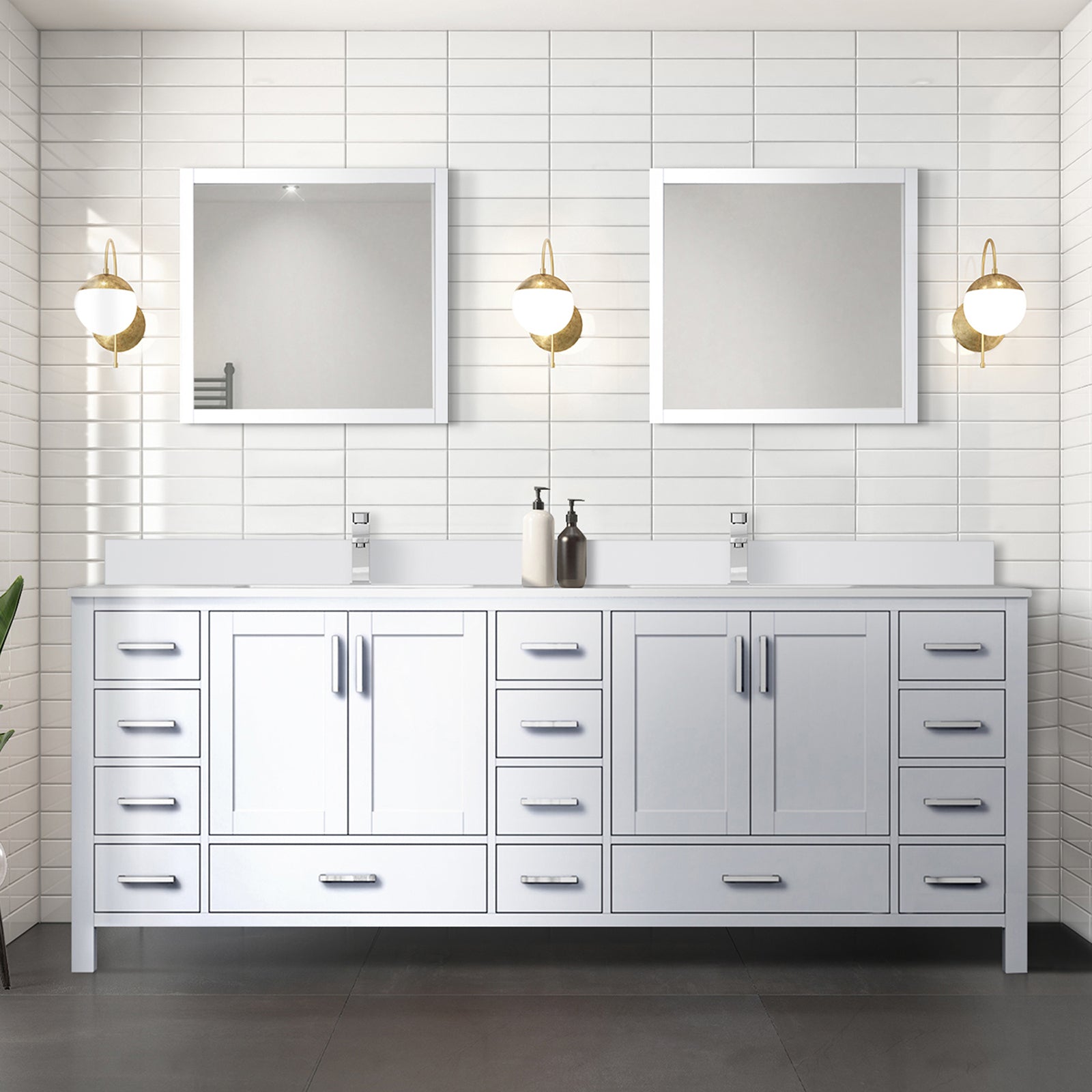 84" White Double Bath Vanity w/Quartz Top & Faucet