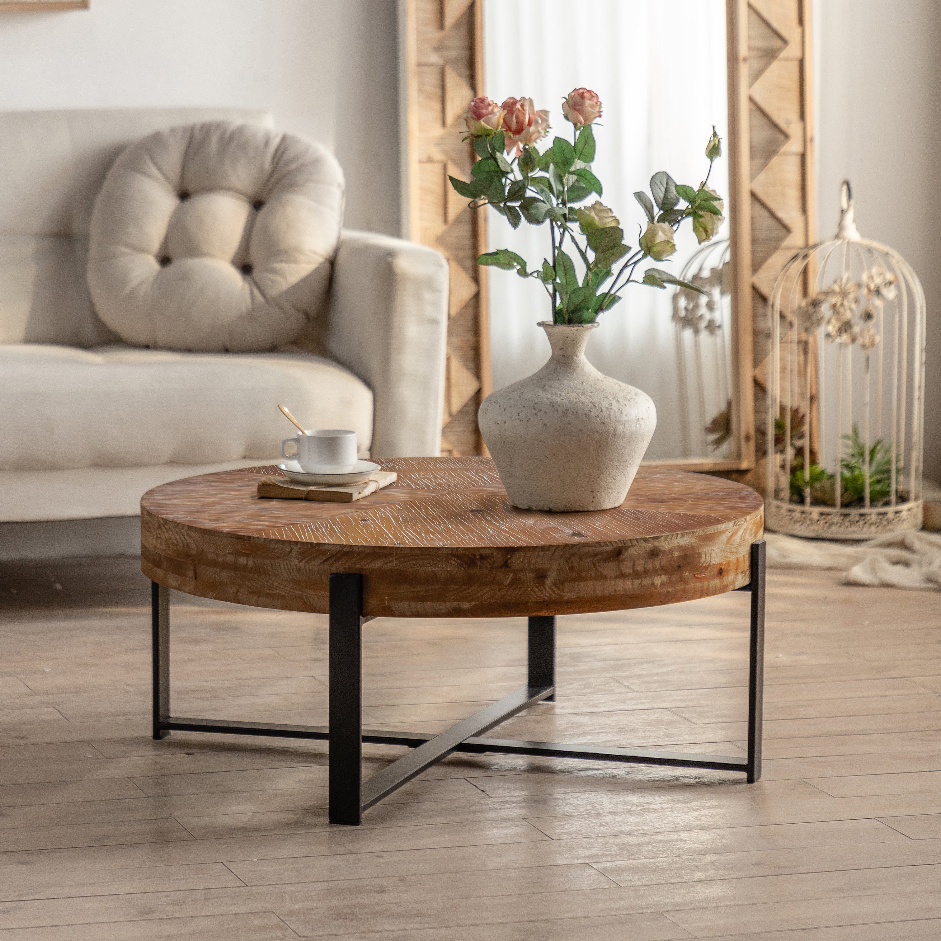 Modern Retro Coffee Table: Fir Wood & Black Legs