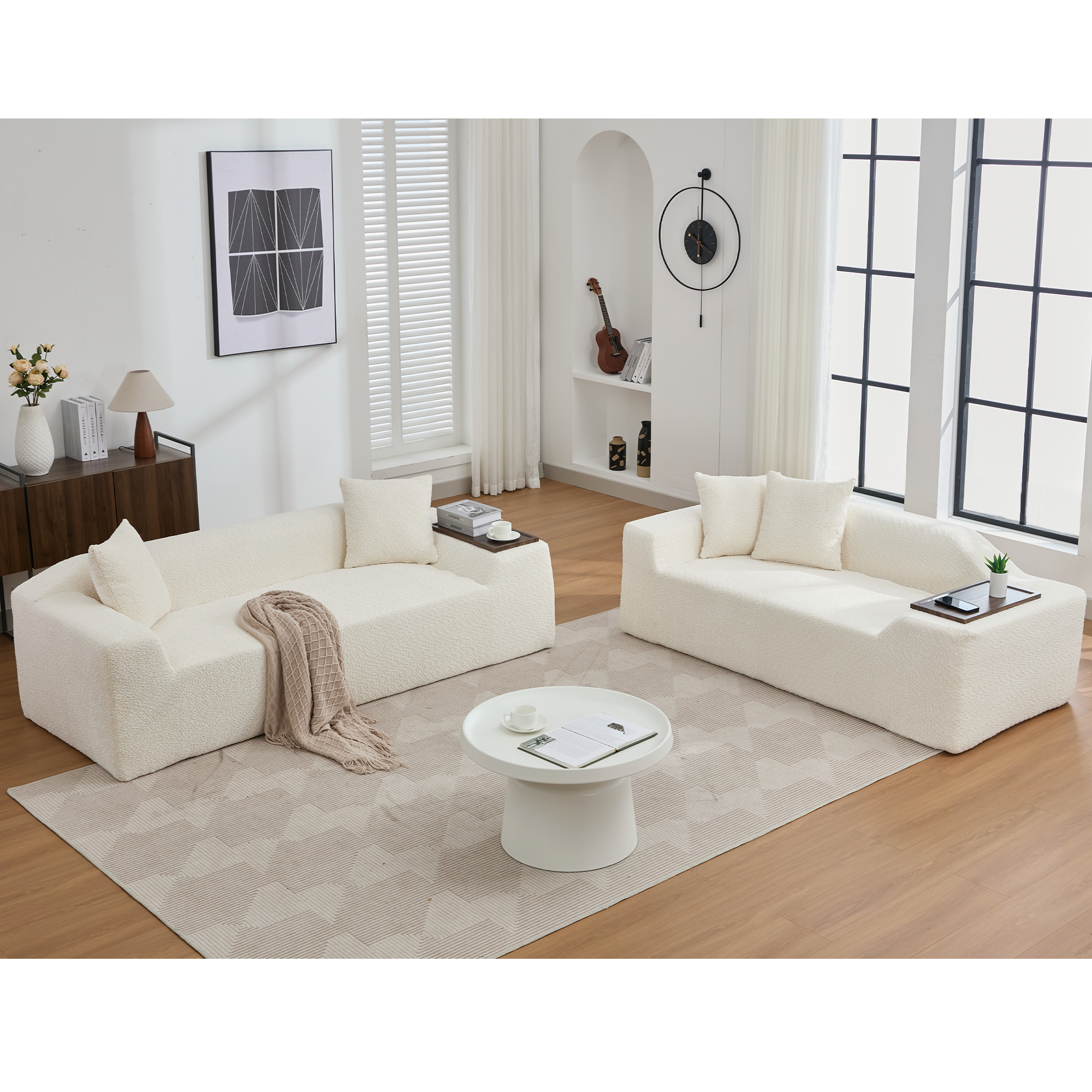 Beige Boucle Sofa Set: 3+2 Seater w/Table
