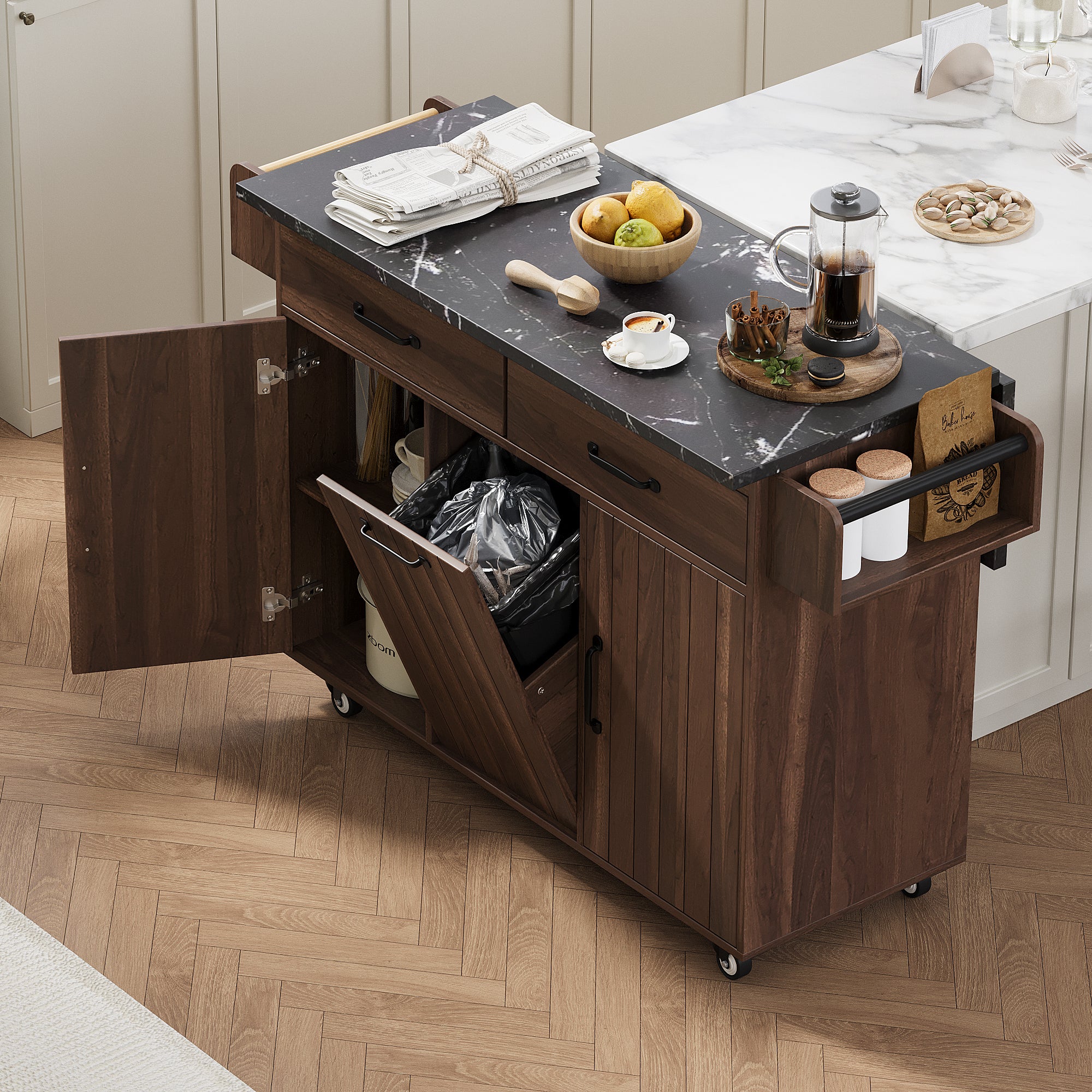 Rolling Kitchen Island w/ Trash Can, Drop Leaf & Storage - Walnut